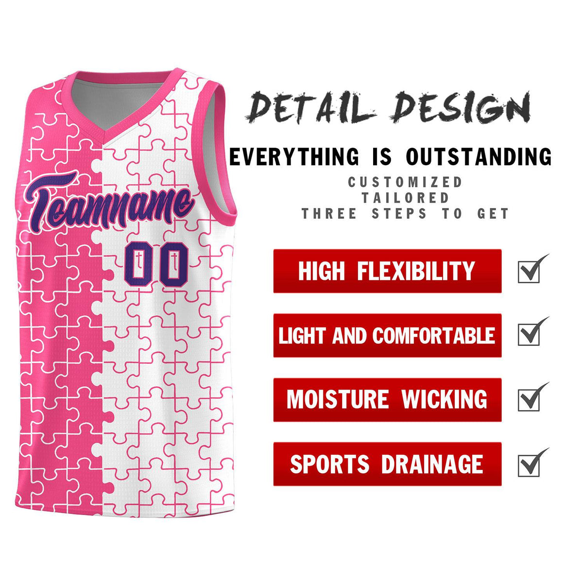 Custom Youth Basketball Jersey Pink White Puzzle Pattern Moisture-Wicking Team Uniform