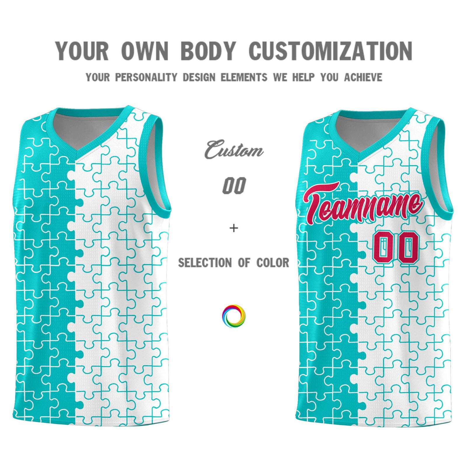 Custom Youth Basketball Jersey Aqua White Puzzle Pattern Personalized Team Uniform