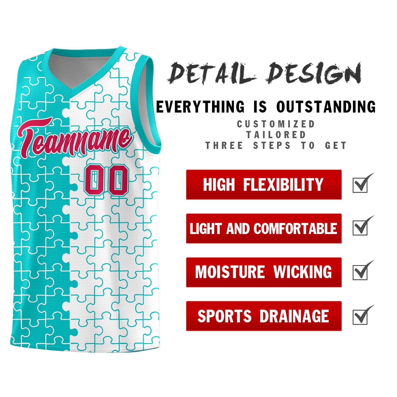 Custom Youth Basketball Jersey Aqua White Puzzle Pattern Personalized Team Uniform