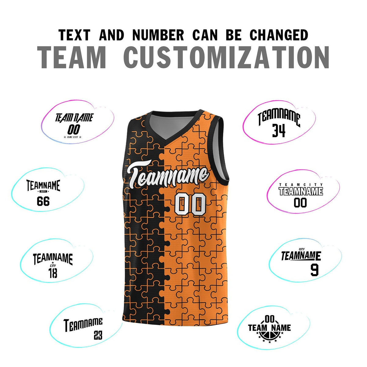 Custom Youth Basketball Jersey Black Gold Orange Puzzle Pattern Add Name, Number &amp; Team Logo