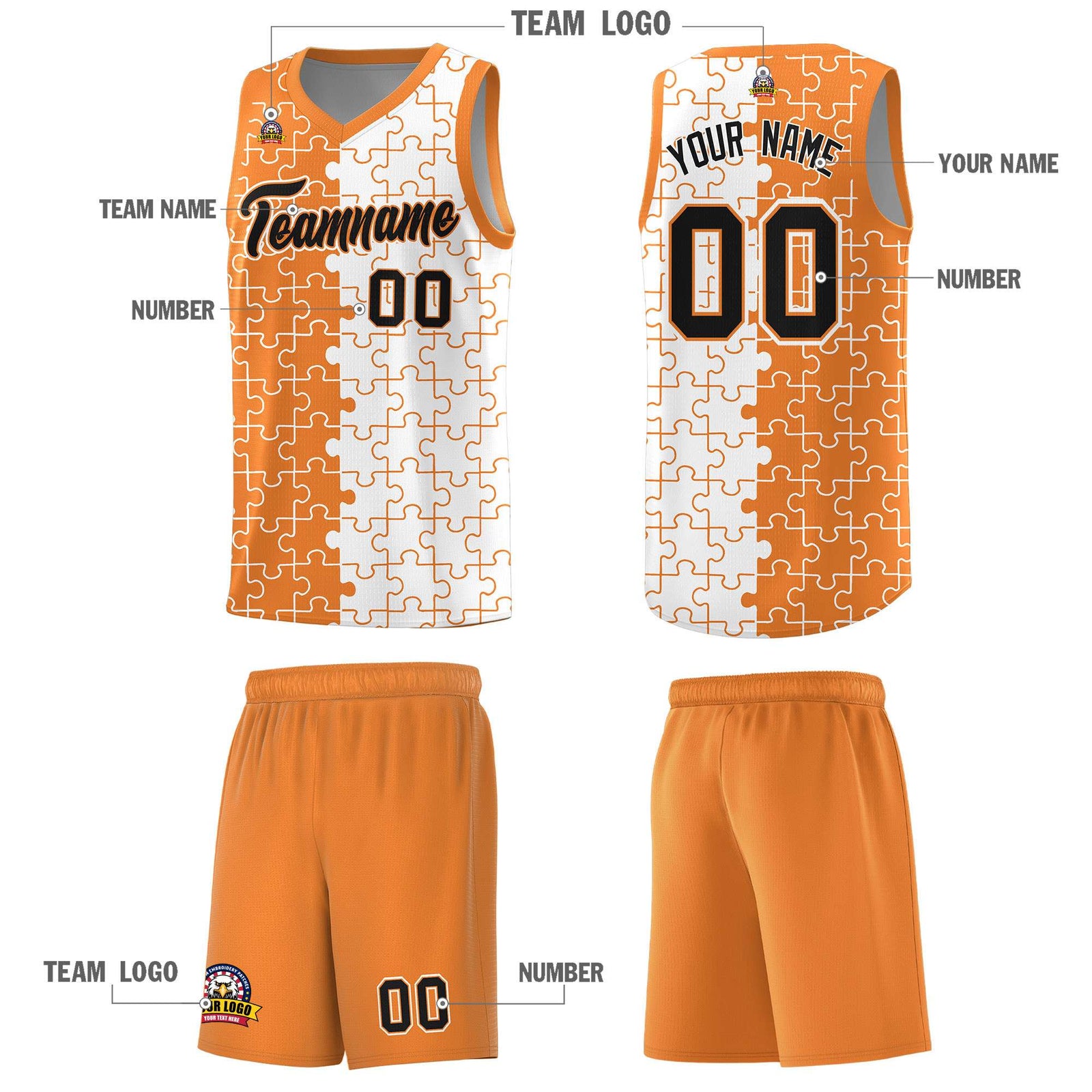Custom Youth Basketball Jersey Gold Orange White Puzzle Pattern Breathable Team Uniform