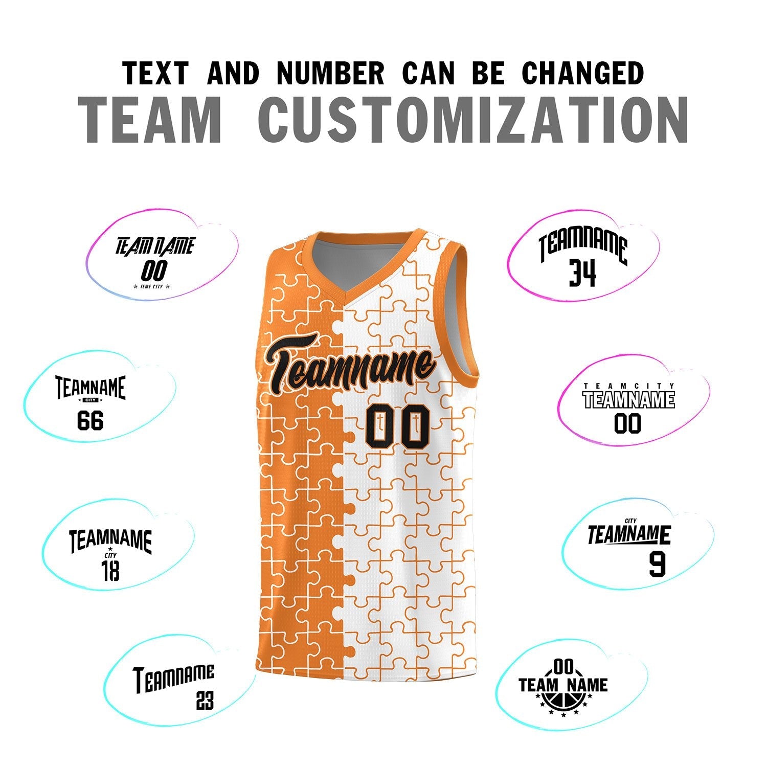 Custom Youth Basketball Jersey Gold Orange White Puzzle Pattern Breathable Team Uniform