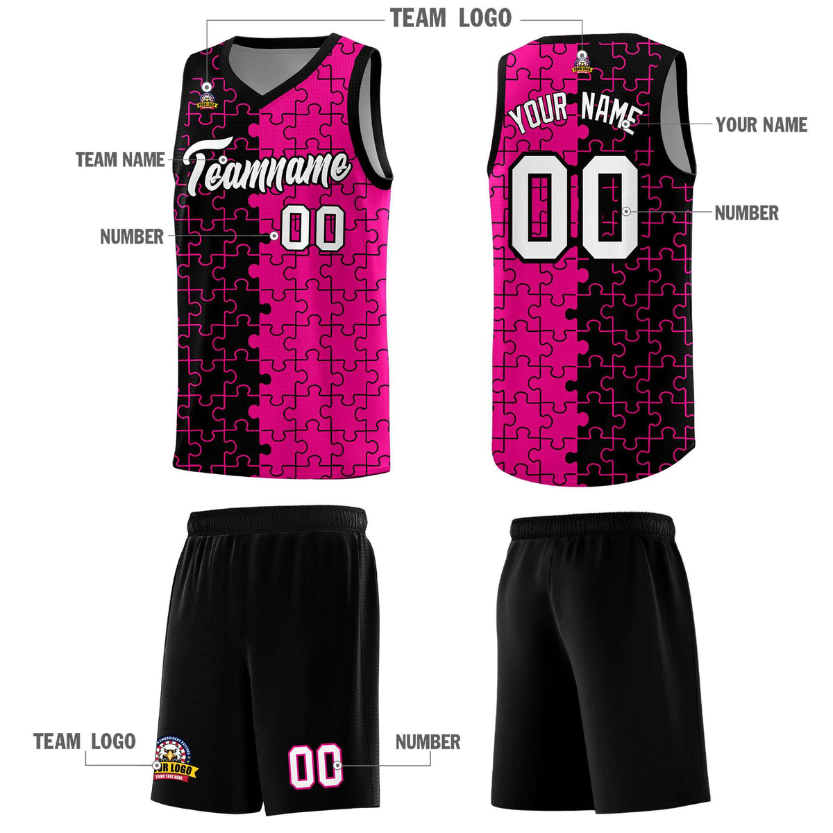 Custom Youth Basketball Jersey Black Pink Puzzle Pattern Moisture-Wicking Team Uniform