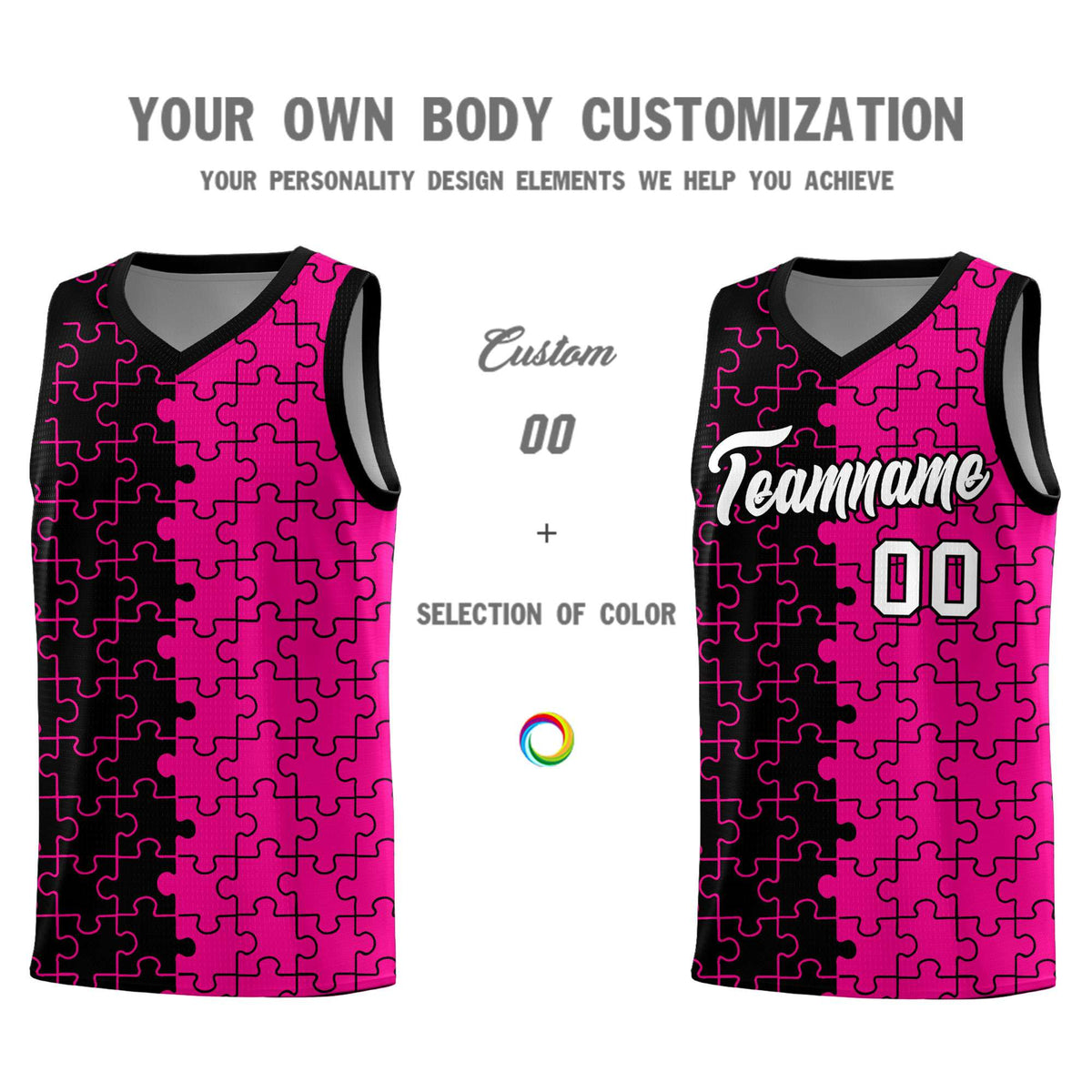 Custom Youth Basketball Jersey Black Pink Puzzle Pattern Moisture-Wicking Team Uniform