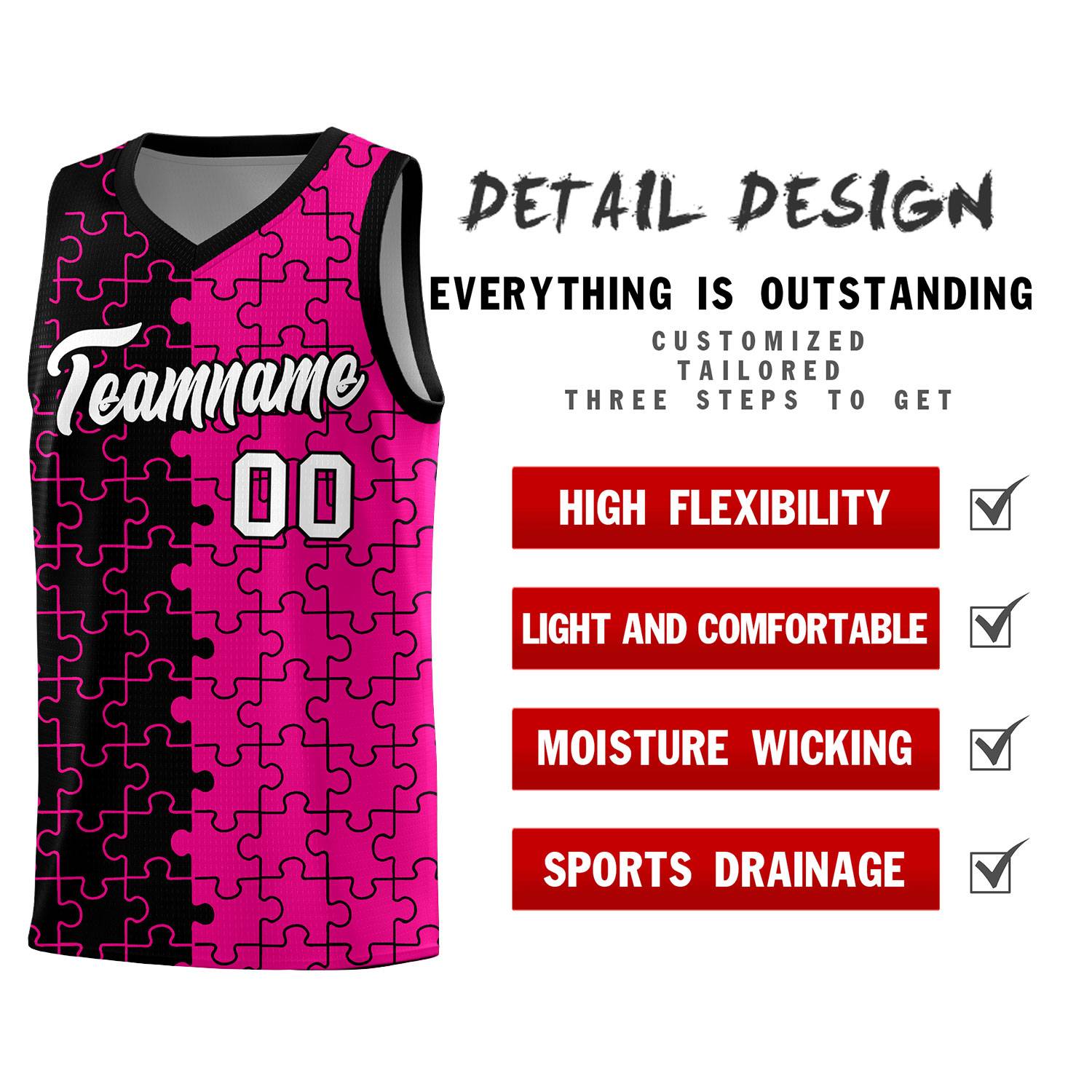 Custom Youth Basketball Jersey Black Pink Puzzle Pattern Moisture-Wicking Team Uniform