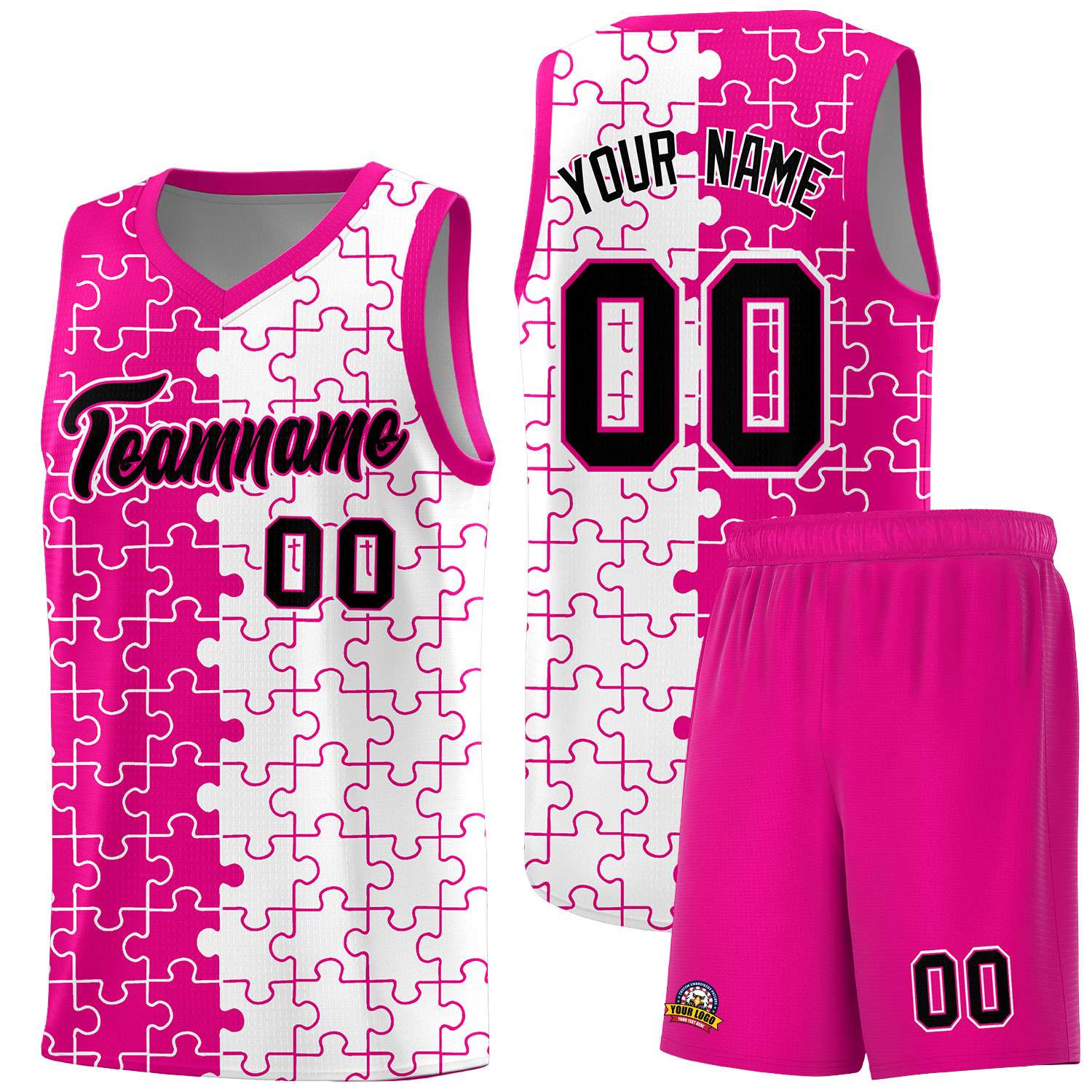 Custom Youth Basketball Jersey Pink White Puzzle Pattern Personalized Team Uniform