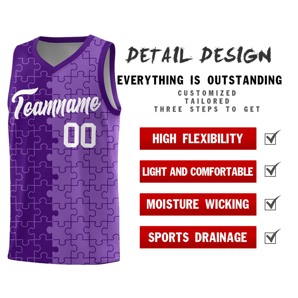 Custom Youth Basketball Jersey Purple Light Purple Puzzle Pattern Add Name, Number &amp; Team Logo