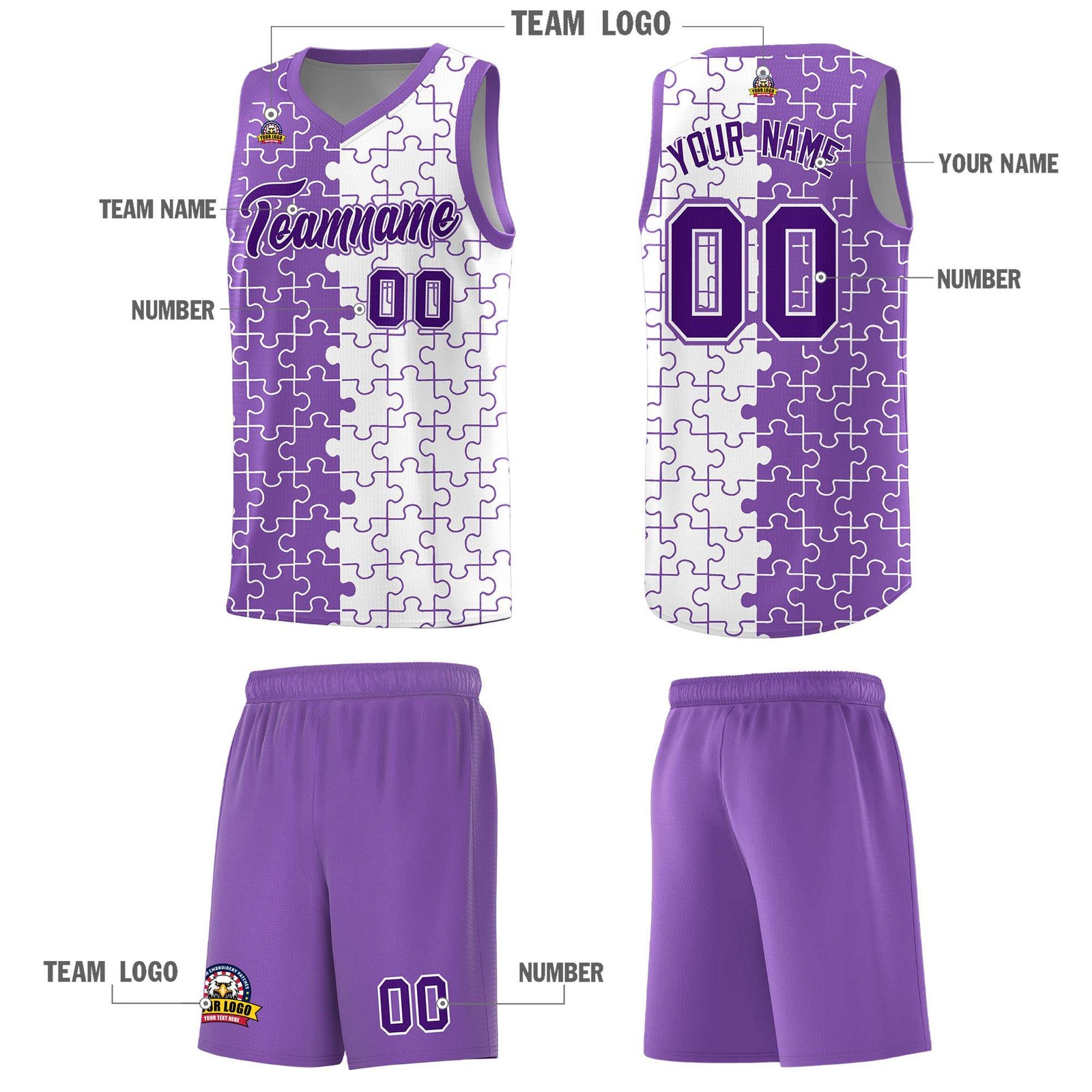 Custom Youth Basketball Jersey Light Purple White Puzzle Pattern Breathable Team Uniform