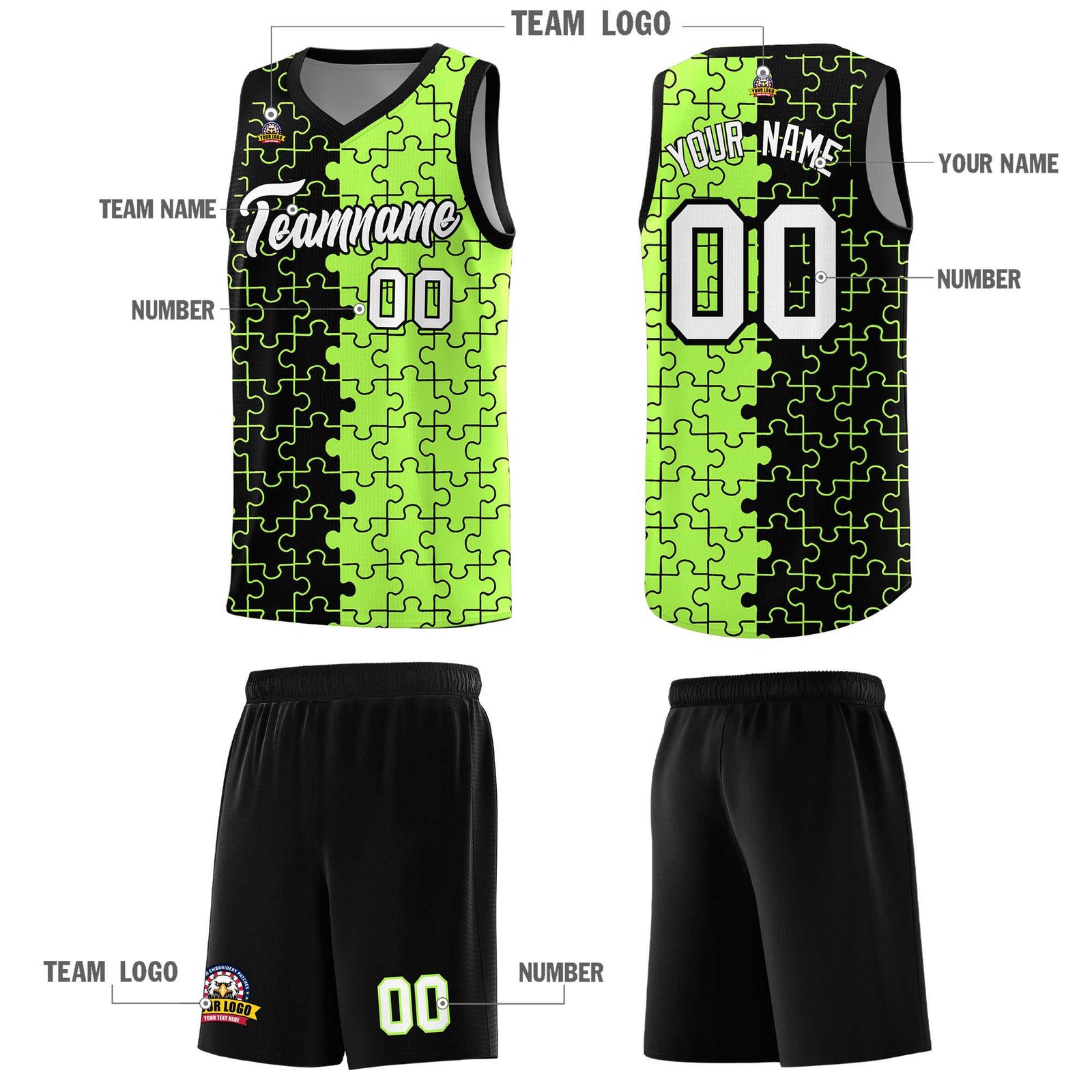 Custom Youth Basketball Jersey Black Puzzle Pattern Moisture-Wicking Team Uniform