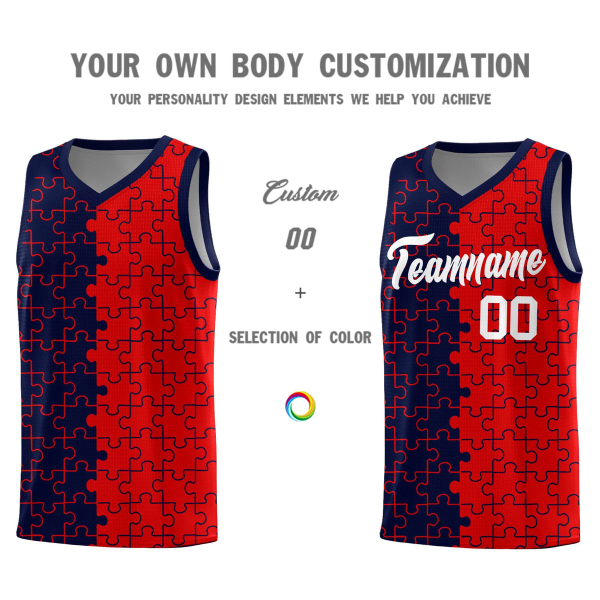 Custom Youth Basketball Jersey Navy Red Puzzle Pattern Personalized Team Uniform