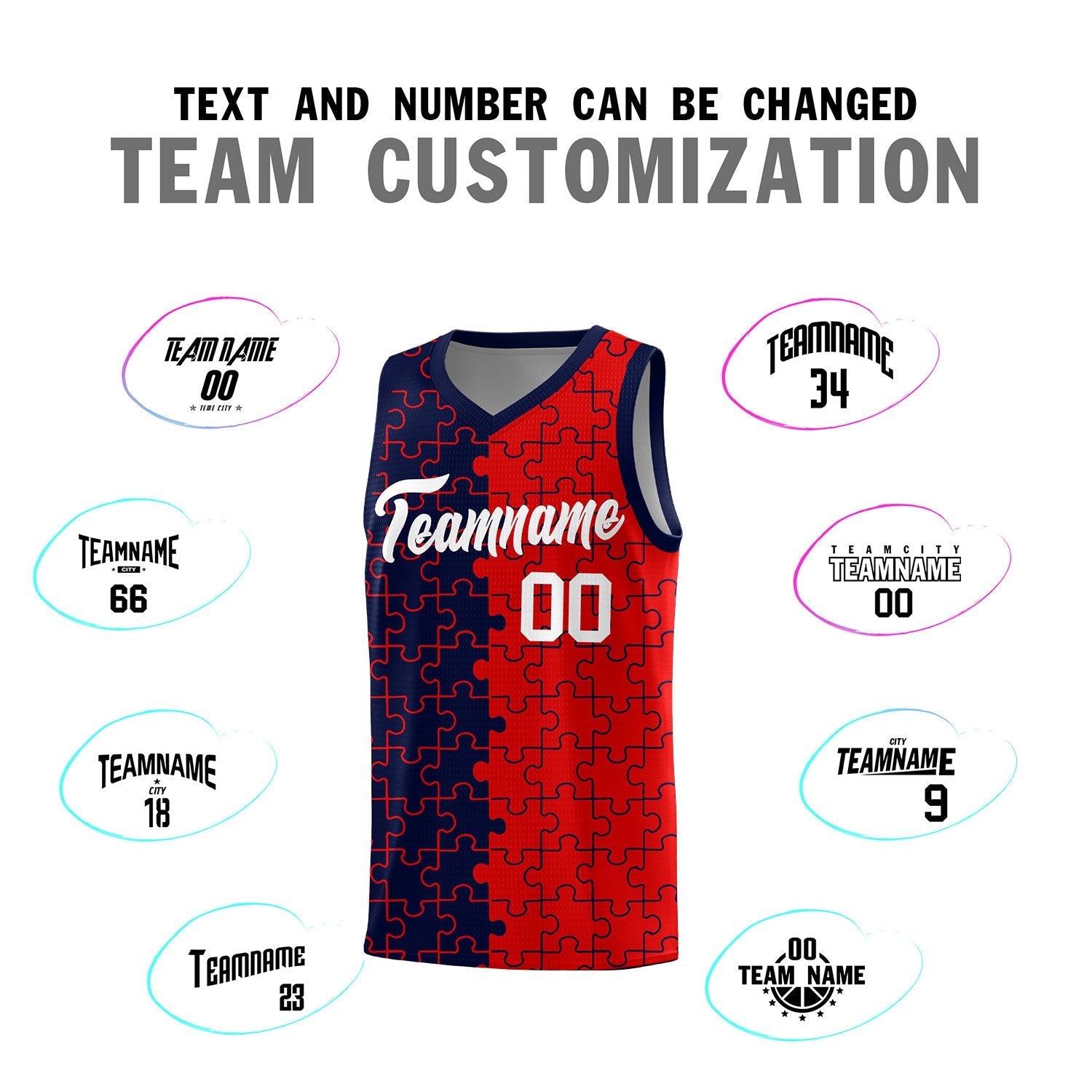 Custom Youth Basketball Jersey Navy Red Puzzle Pattern Personalized Team Uniform