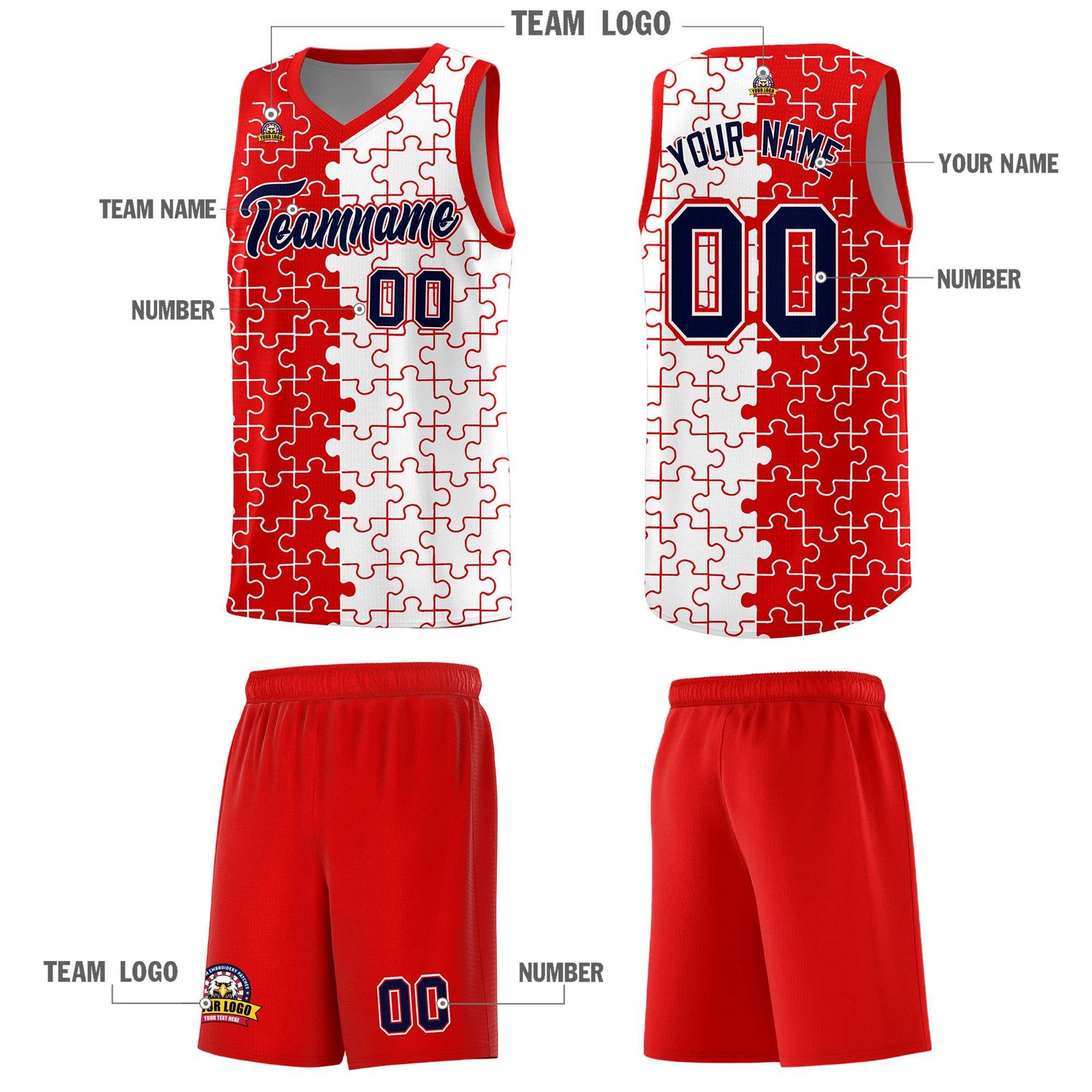 Custom Youth Basketball Jersey Red White Puzzle Pattern Add Name, Number & Team Logo