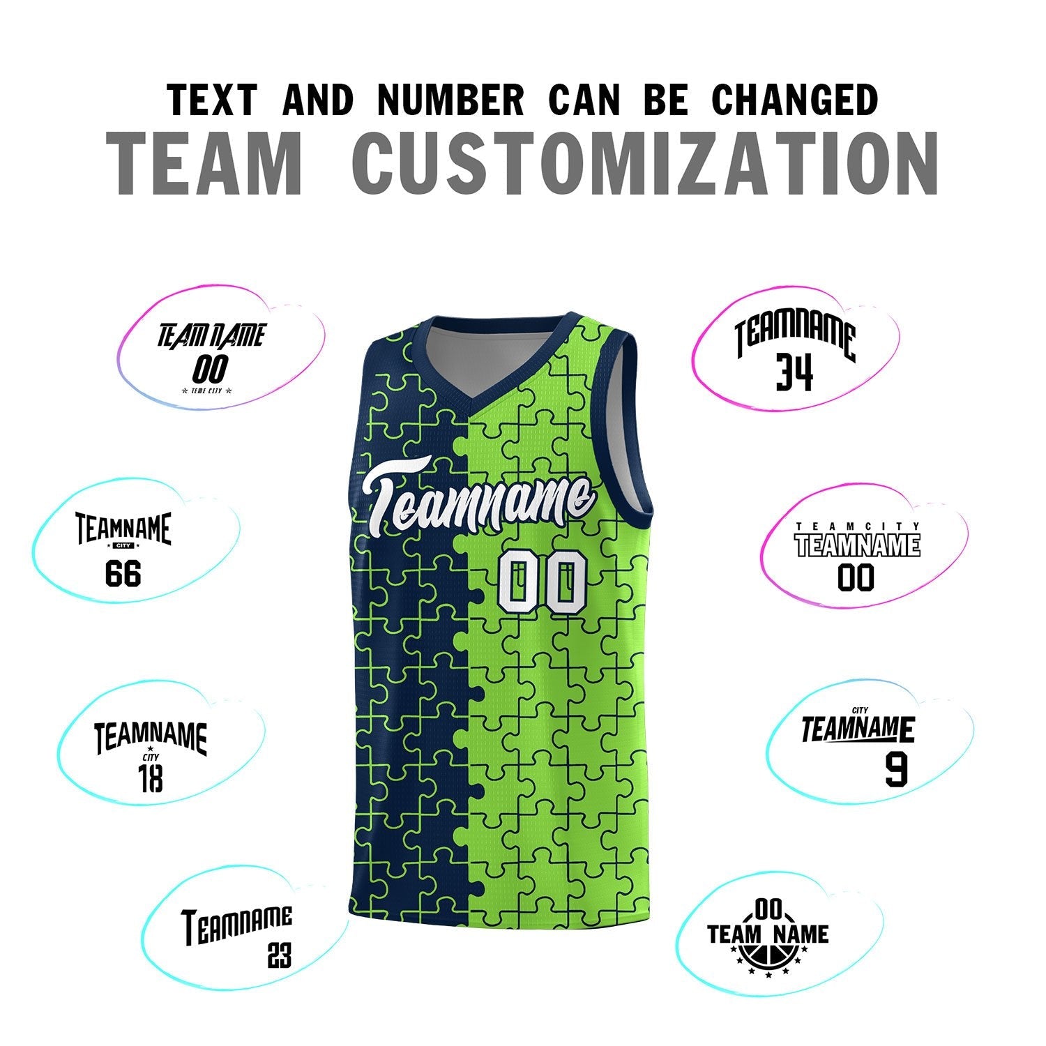 Custom Youth Basketball Jersey Navy Fluorescent Green Puzzle Pattern Moisture-Wicking Team Uniform