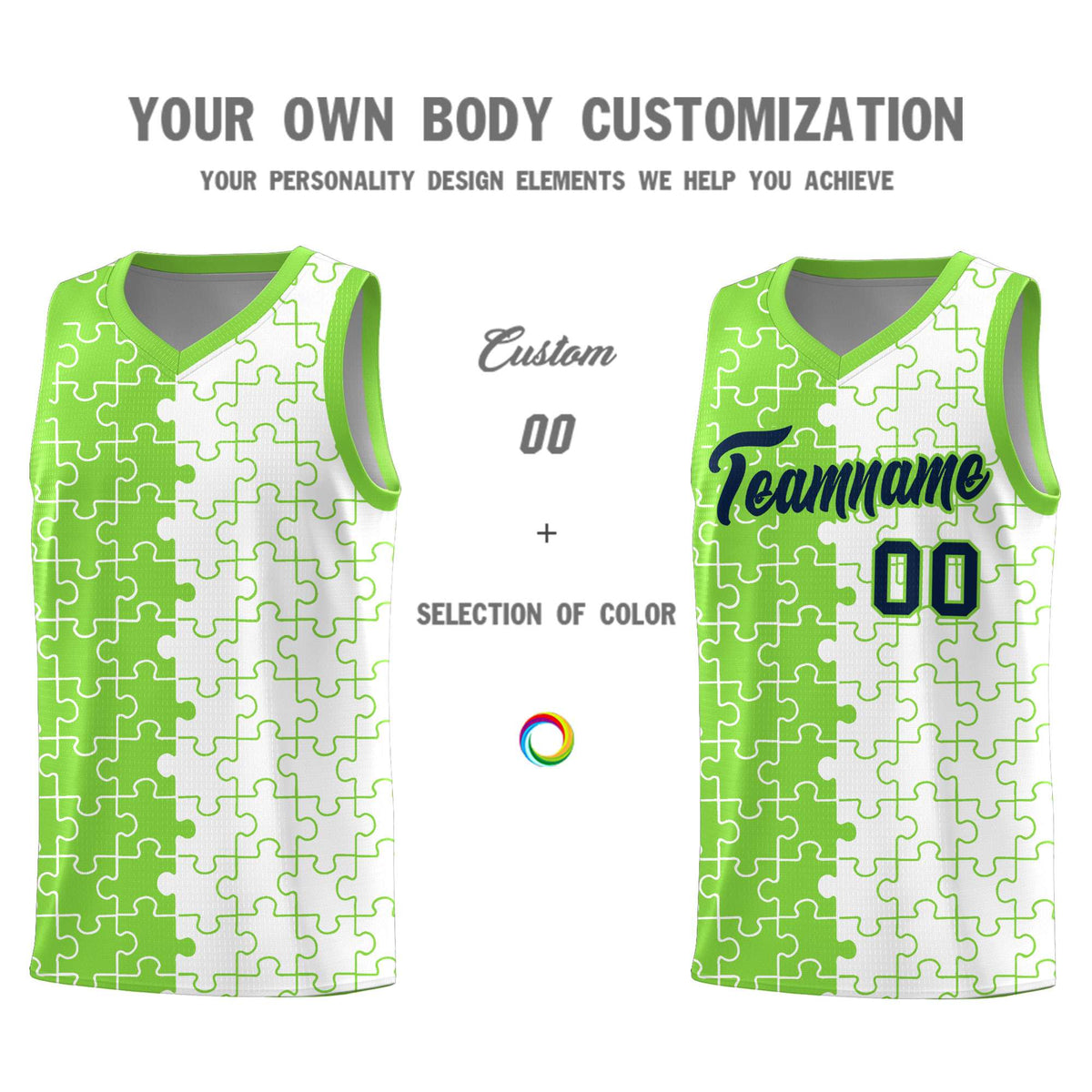 Custom Youth Basketball Jersey Fluorescent Green White Puzzle Pattern Personalized Team Uniform