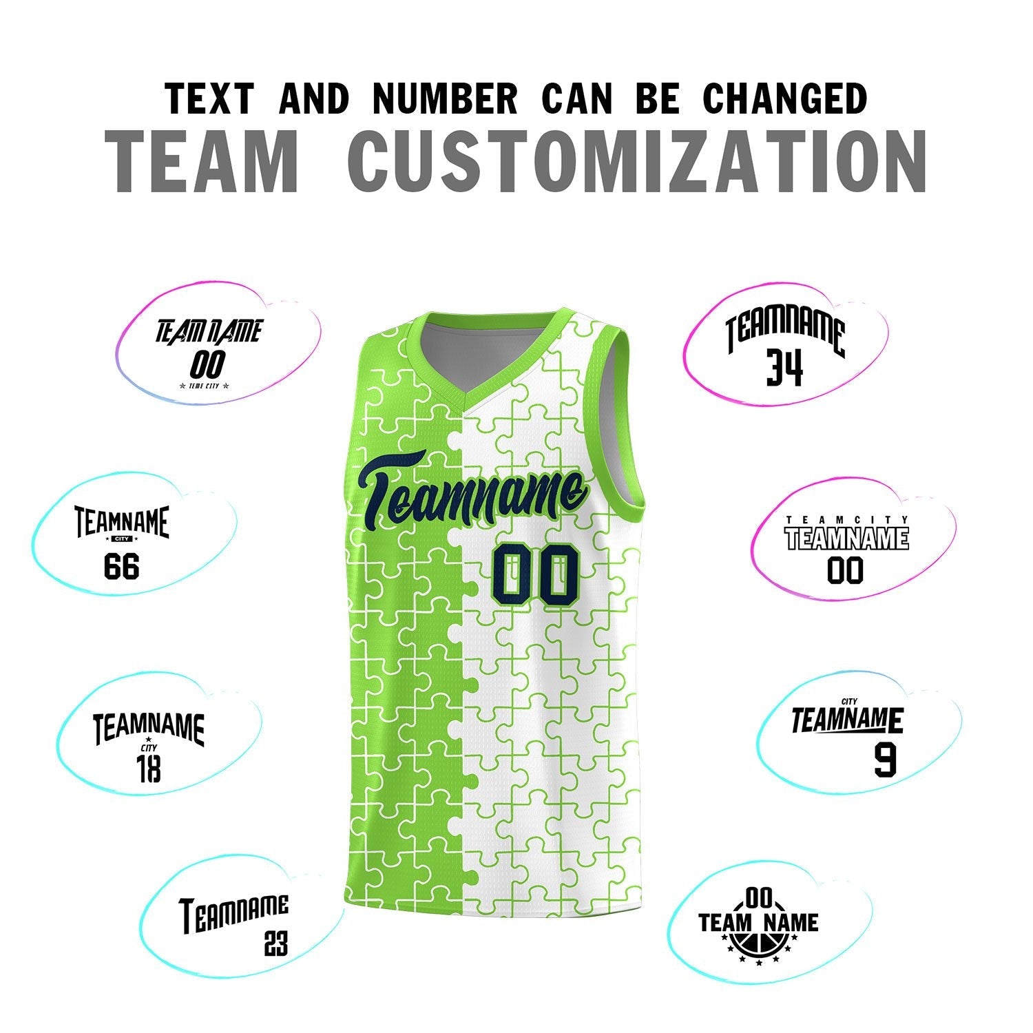 Custom Youth Basketball Jersey Fluorescent Green White Puzzle Pattern Personalized Team Uniform
