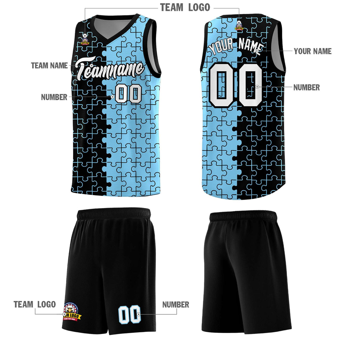 Custom Youth Basketball Jersey Black Light Blue Puzzle Pattern Add Name, Number &amp; Team Logo