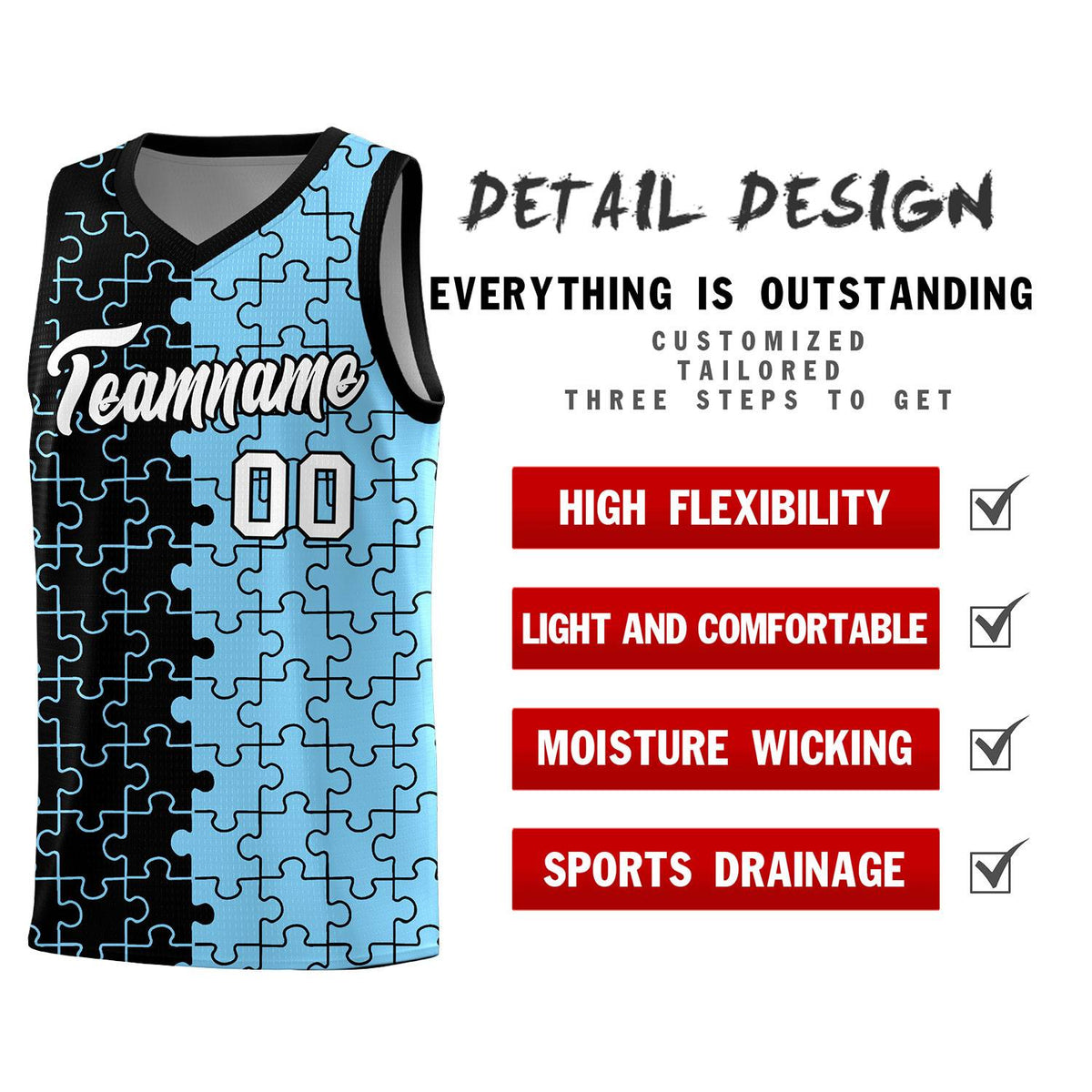 Custom Youth Basketball Jersey Black Light Blue Puzzle Pattern Add Name, Number &amp; Team Logo