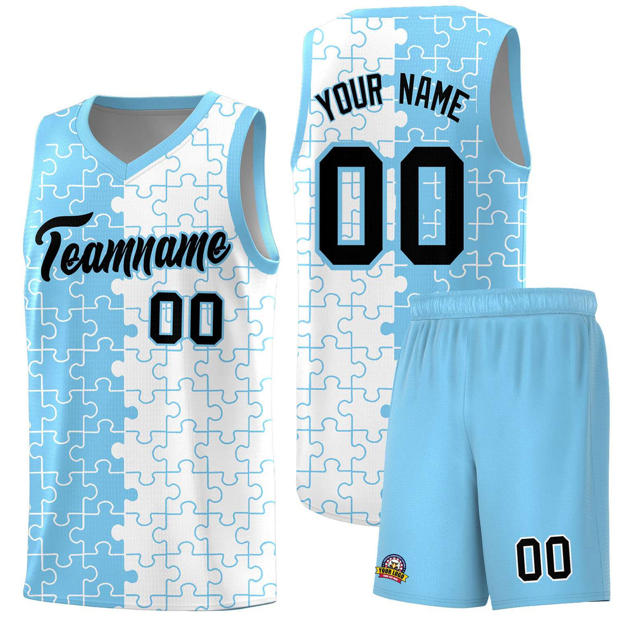 Custom Youth Basketball Jersey Light Blue White Puzzle Pattern Breathable Team Uniform