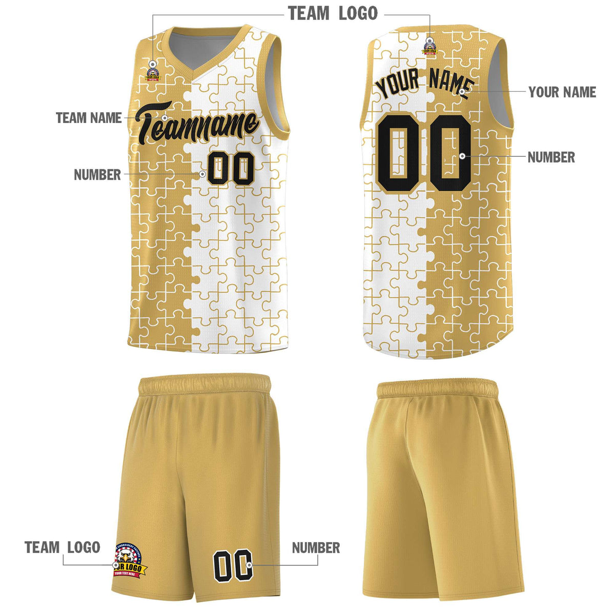 Custom Youth Basketball Jersey Old Gold White Puzzle Pattern Personalized Team Uniform