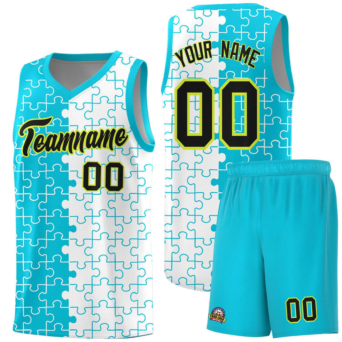 Custom Youth Basketball Jersey Sky Blue White Puzzle Pattern Breathable Team Uniform