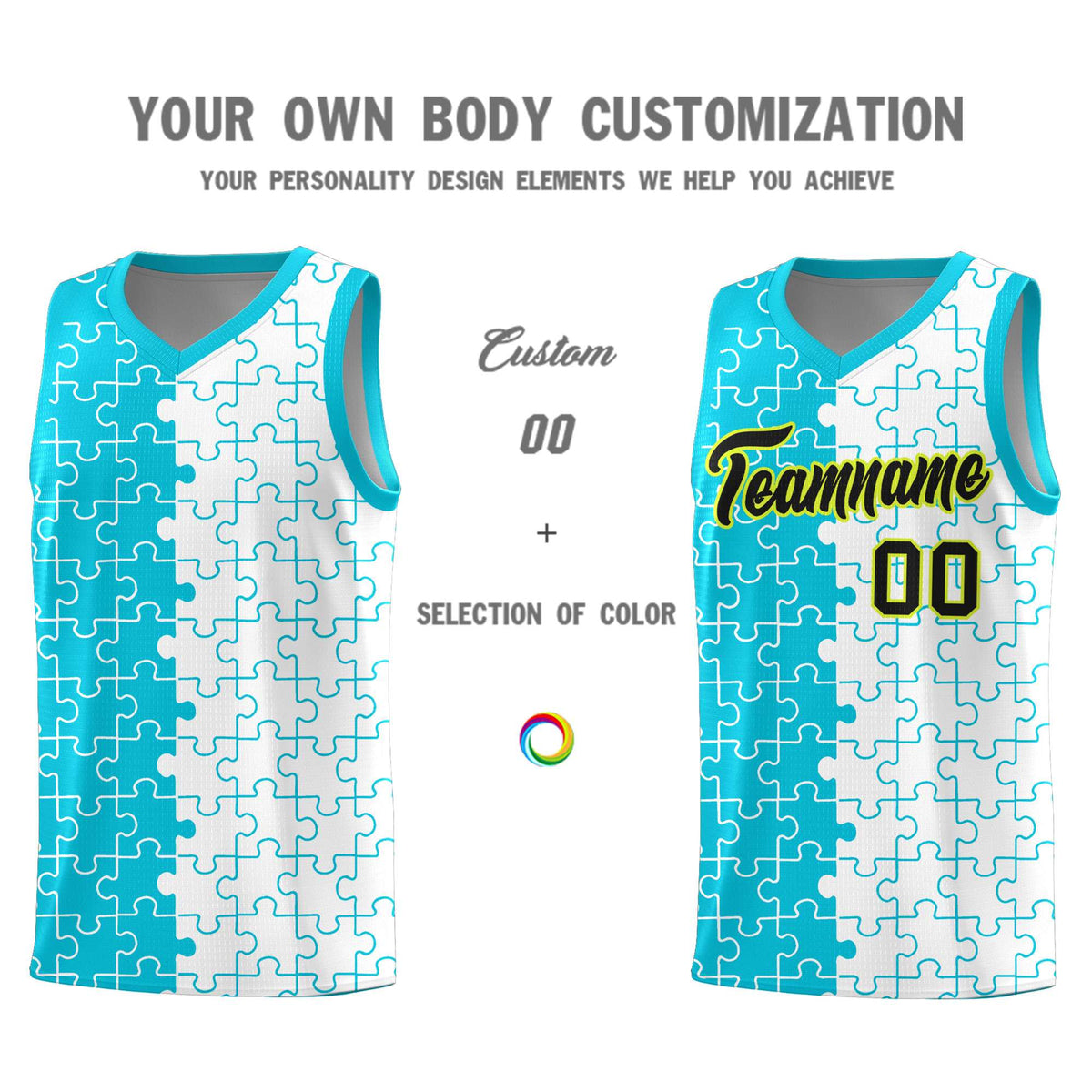 Custom Youth Basketball Jersey Sky Blue White Puzzle Pattern Breathable Team Uniform