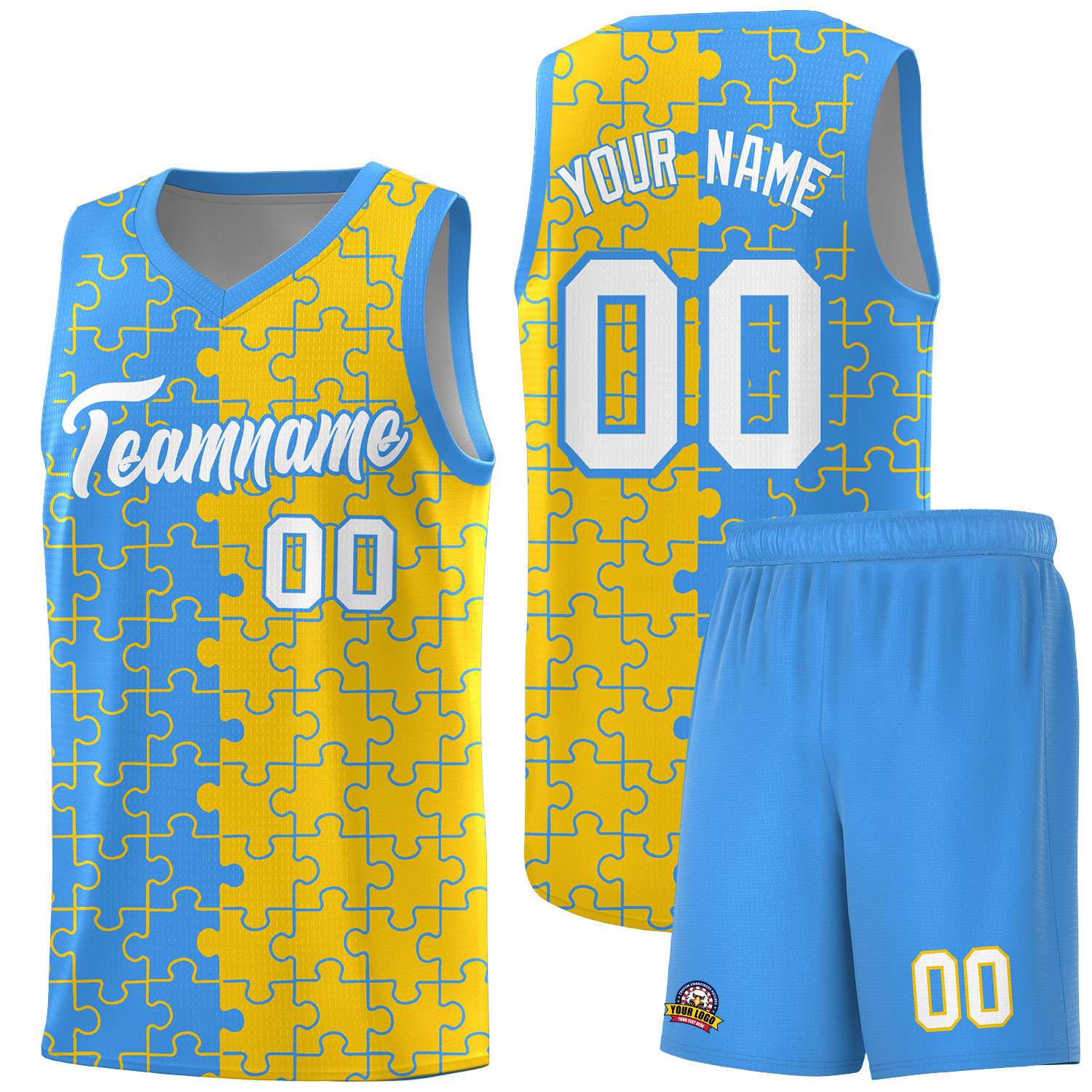 Custom Youth Basketball Jersey Light Blue Gold Puzzle Pattern Moisture-Wicking Team Uniform
