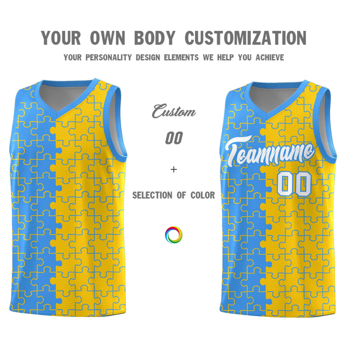 Custom Youth Basketball Jersey Light Blue Gold Puzzle Pattern Moisture-Wicking Team Uniform