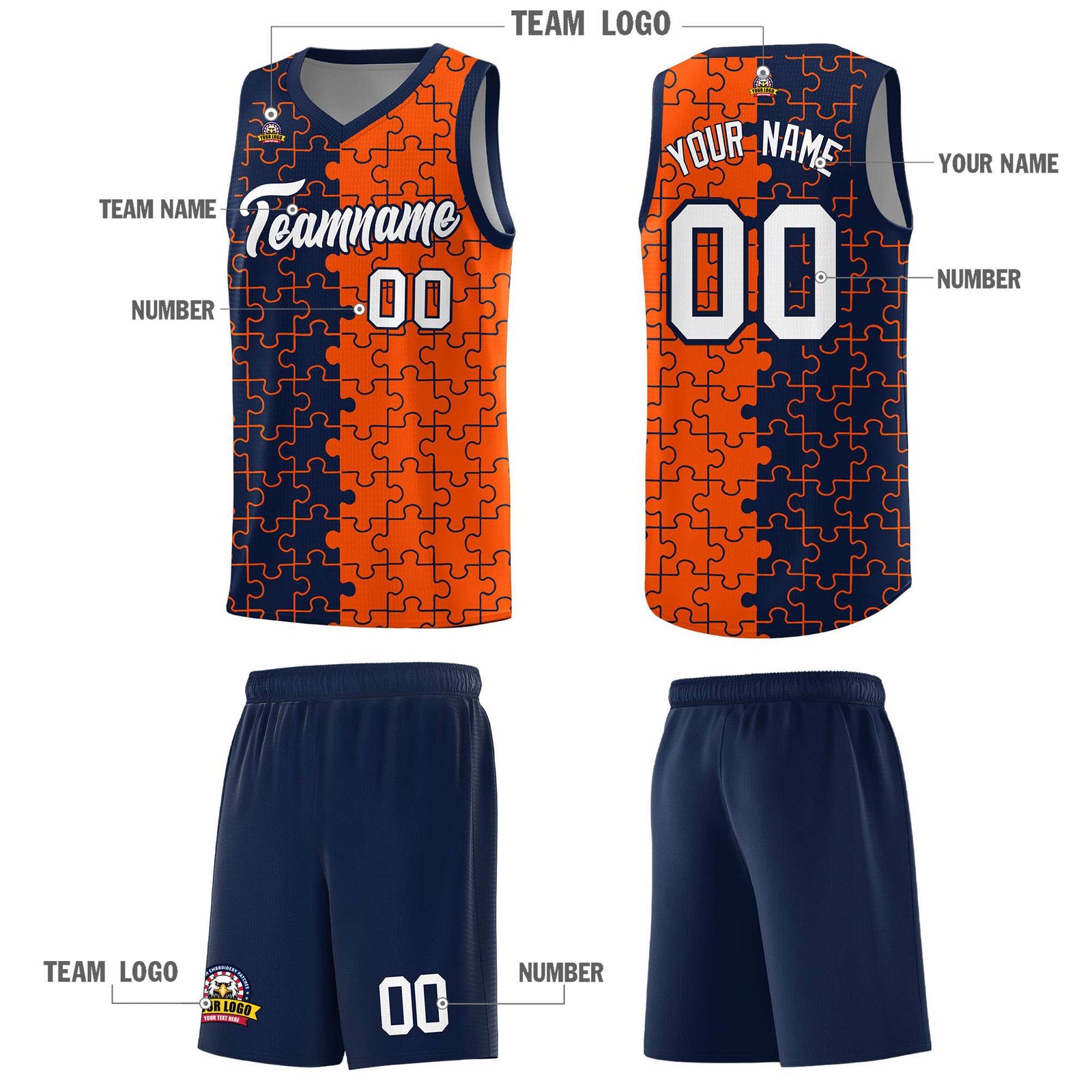 Custom Youth Basketball Jersey Navy Orange Puzzle Pattern Add Name, Number & Team Logo