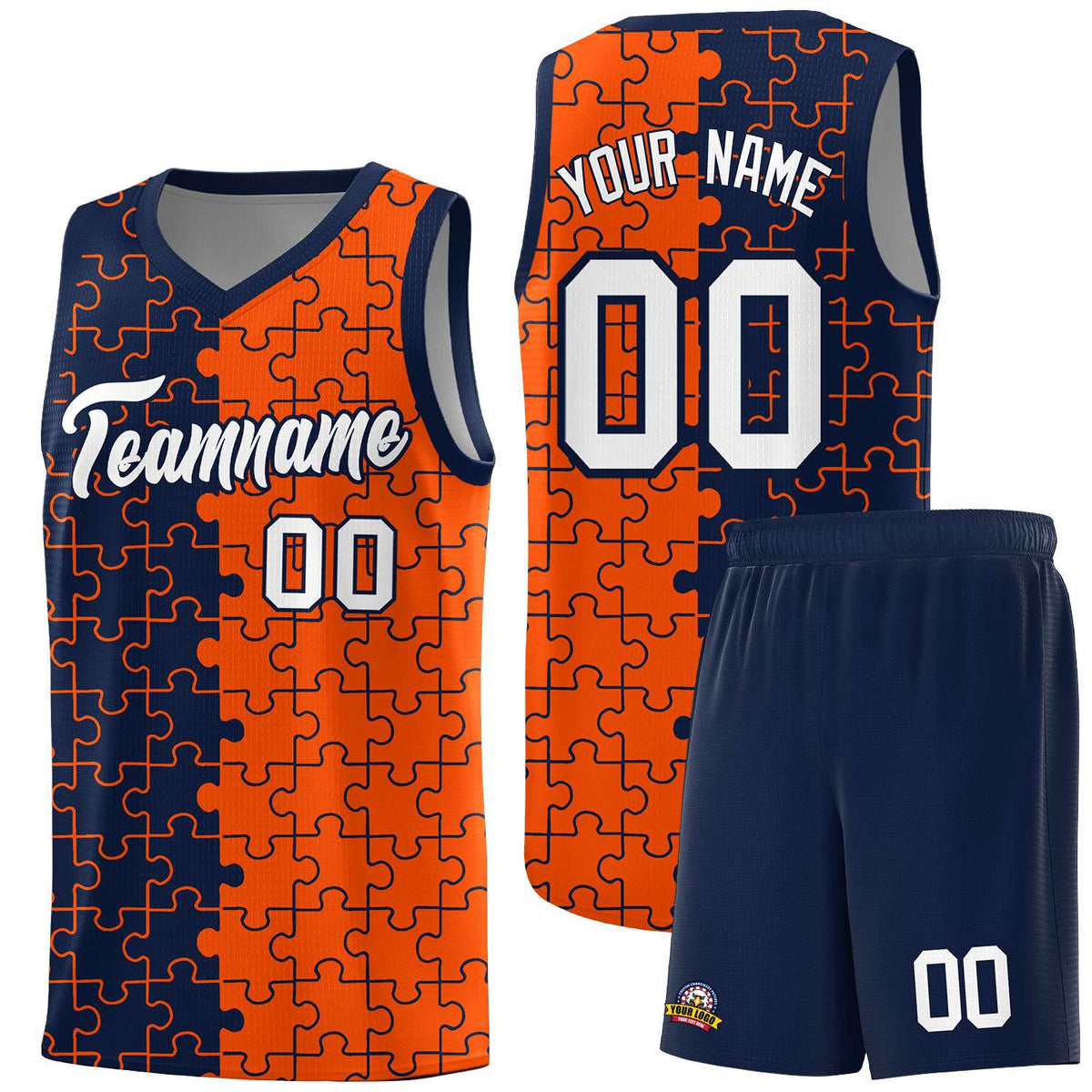 Custom Youth Basketball Jersey Navy Orange Puzzle Pattern Add Name, Number &amp; Team Logo
