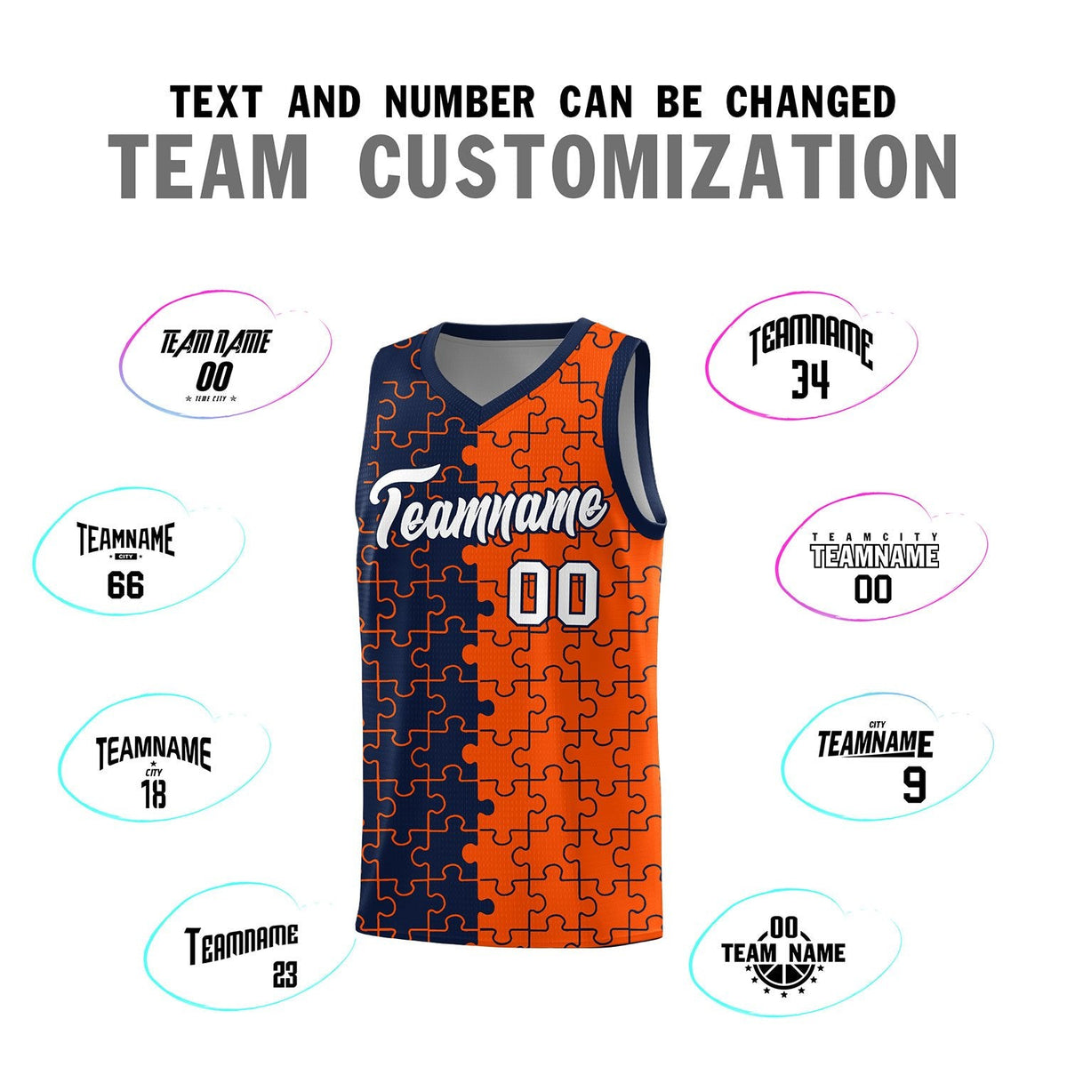 Custom Youth Basketball Jersey Navy Orange Puzzle Pattern Add Name, Number &amp; Team Logo