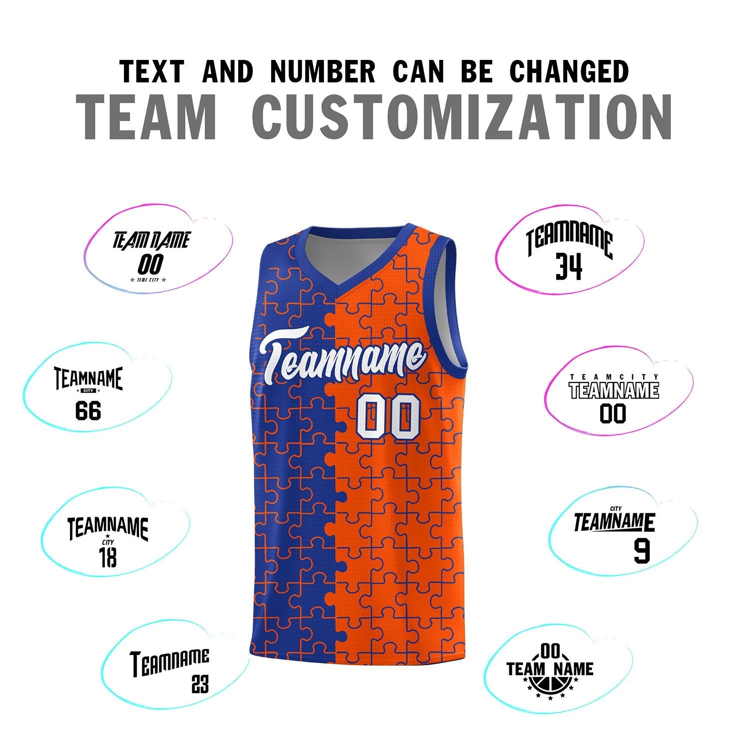 Custom Youth Basketball Jersey Royal Blue Orange Puzzle Pattern Breathable Team Uniform