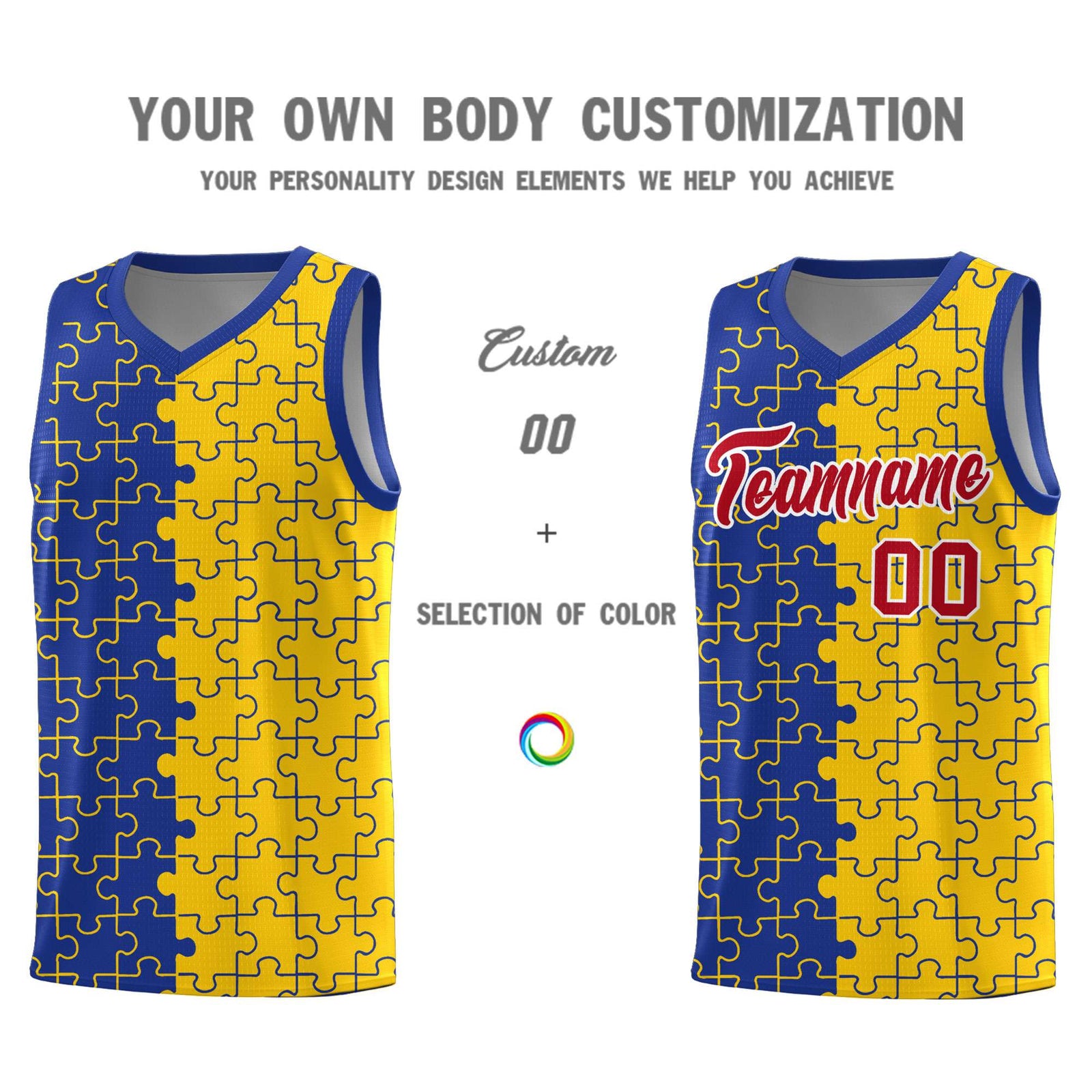 Custom Youth Basketball Jersey Royal Blue Gold Puzzle Pattern Add Name, Number & Team Logo