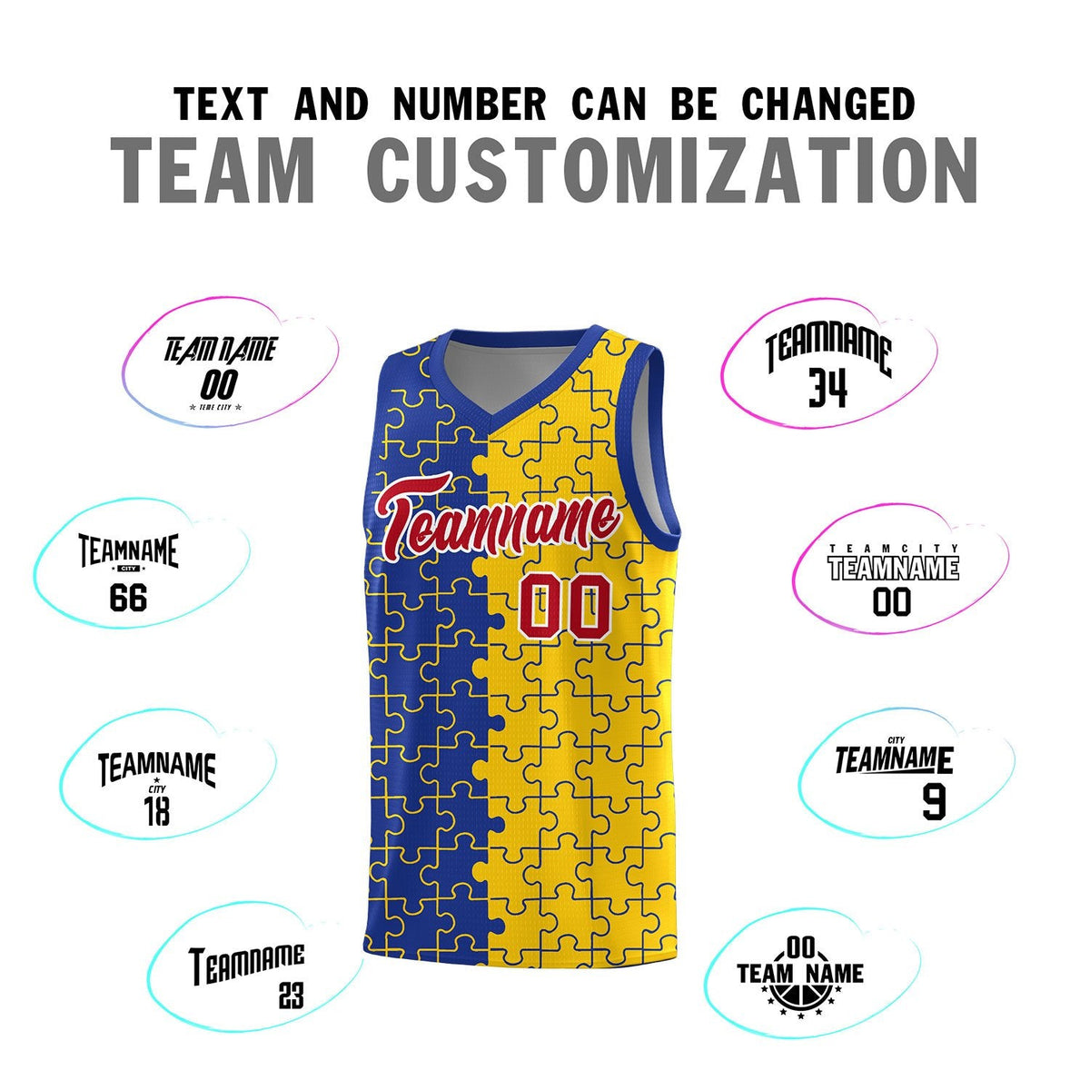 Custom Youth Basketball Jersey Royal Blue Gold Puzzle Pattern Add Name, Number &amp; Team Logo