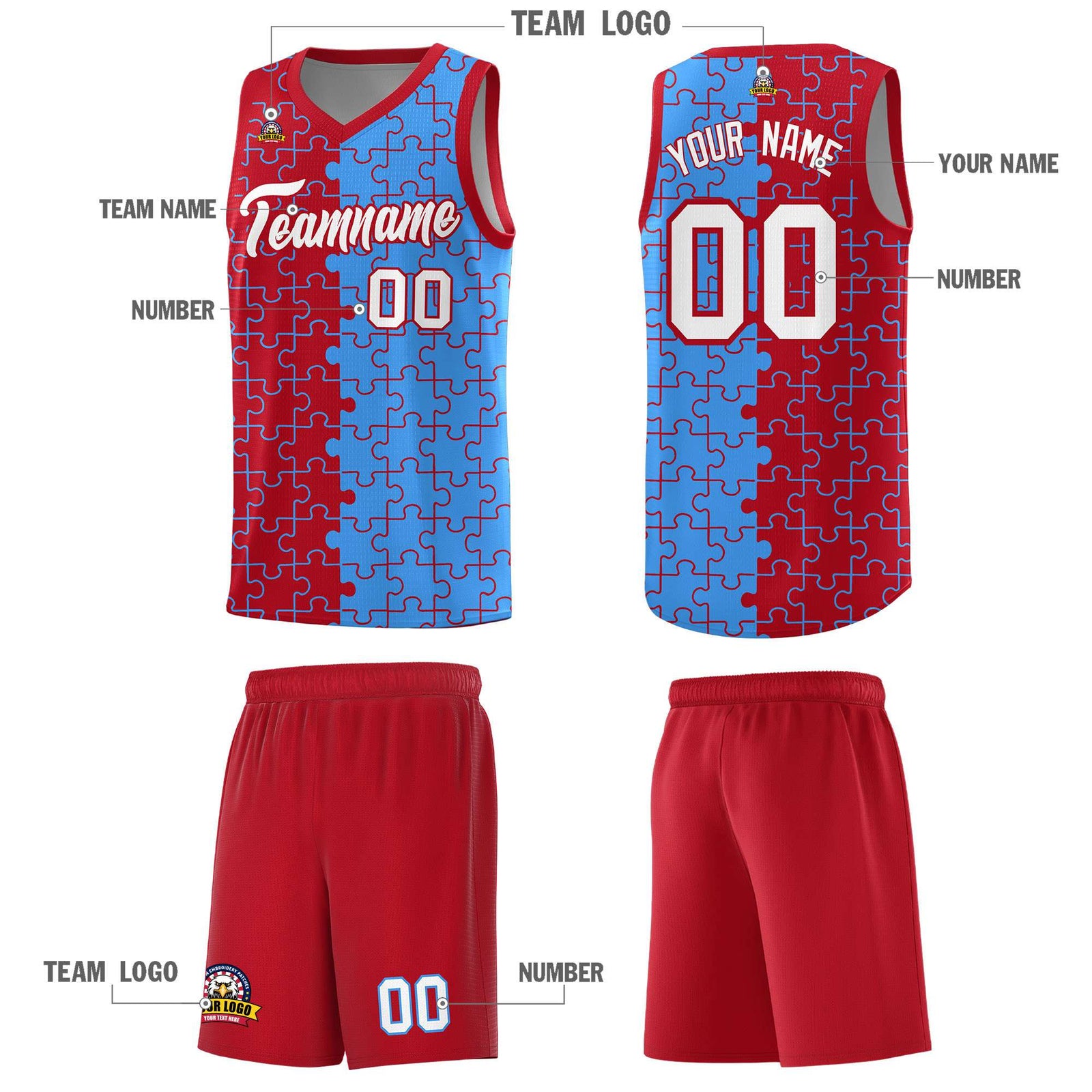 Custom Youth Basketball Jersey Red Light Blue Puzzle Pattern Moisture-Wicking Team Uniform