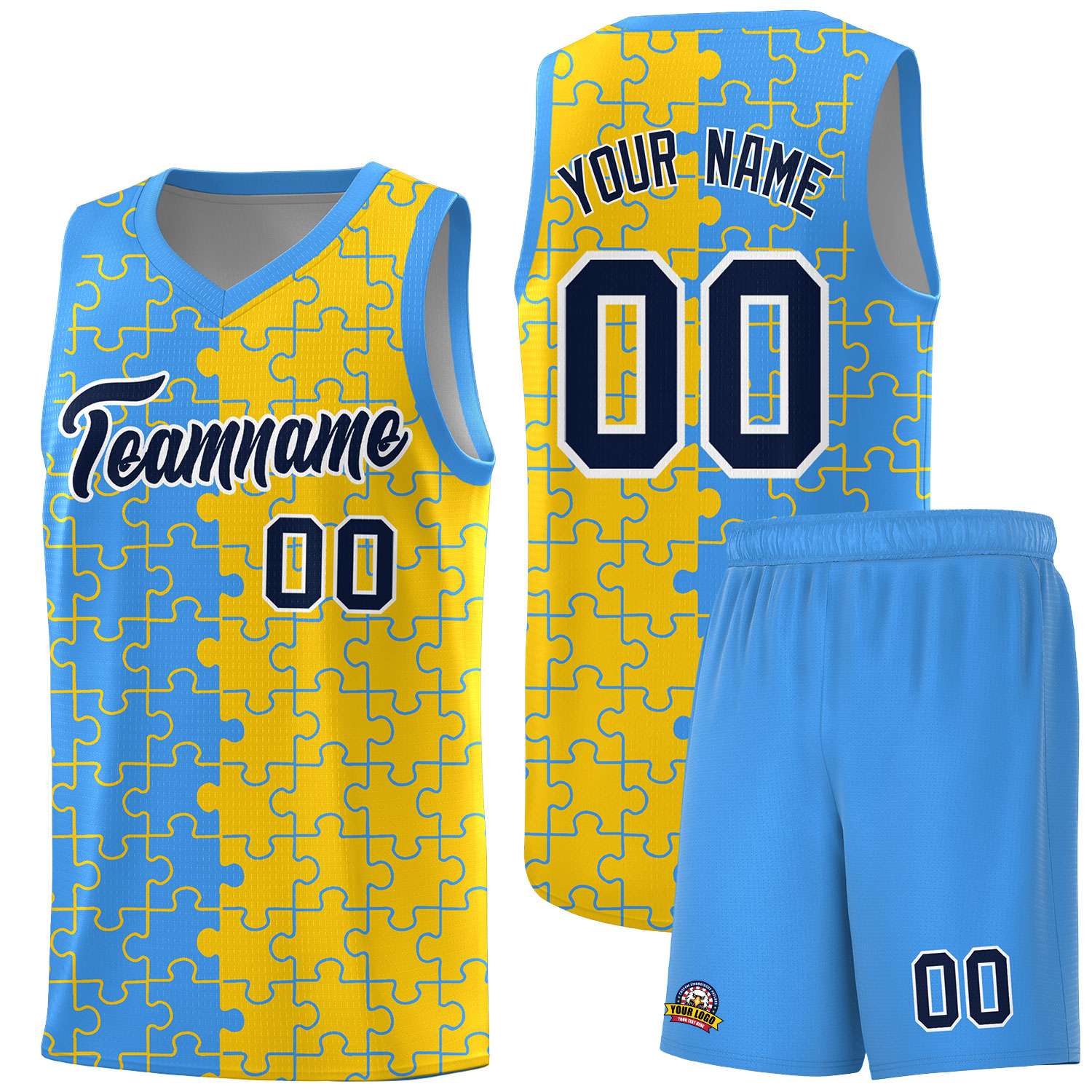 Custom Youth Basketball Jersey Light Blue Gold Puzzle Pattern Add Name, Number & Team Logo