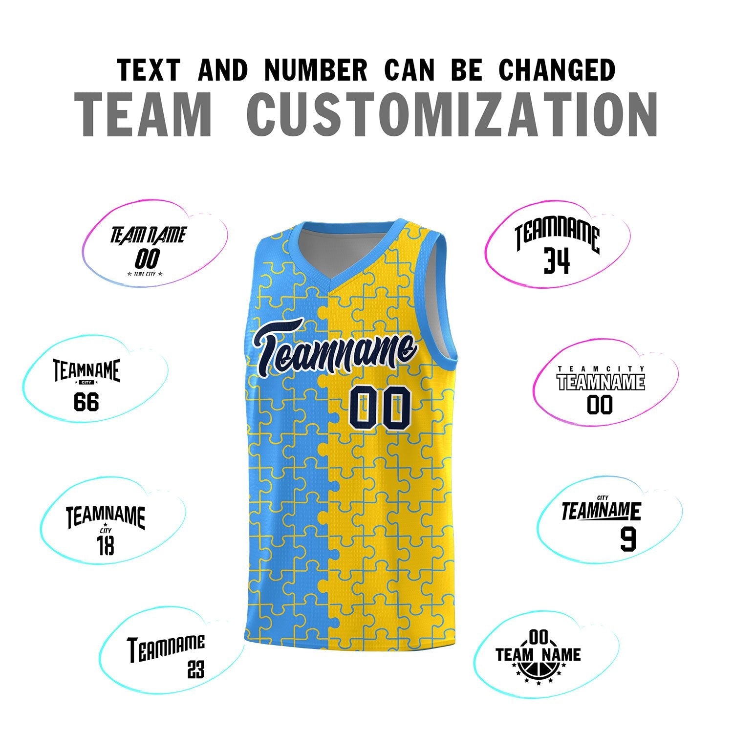 Custom Youth Basketball Jersey Light Blue Gold Puzzle Pattern Add Name, Number & Team Logo