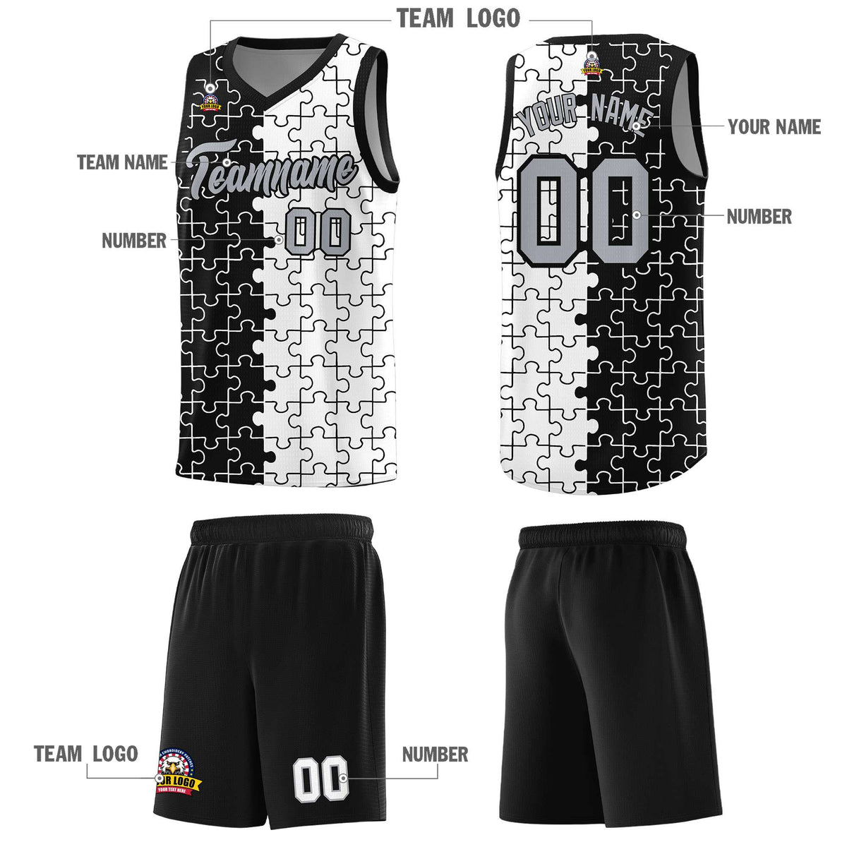 Custom Youth Basketball Jersey Black White Puzzle Pattern Breathable Team Uniform