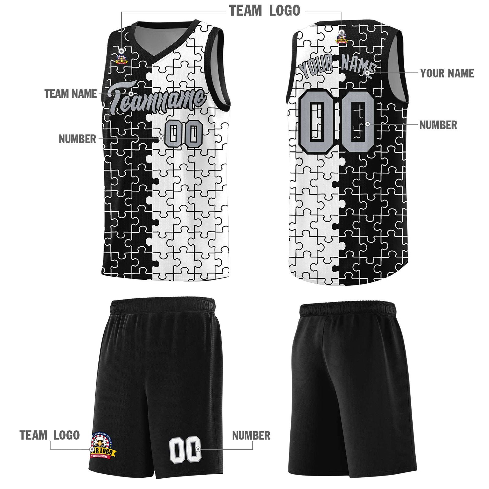 Custom Youth Basketball Jersey Black White Puzzle Pattern Breathable Team Uniform