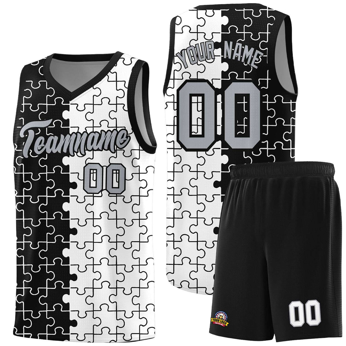 Custom Youth Basketball Jersey Black White Puzzle Pattern Breathable Team Uniform