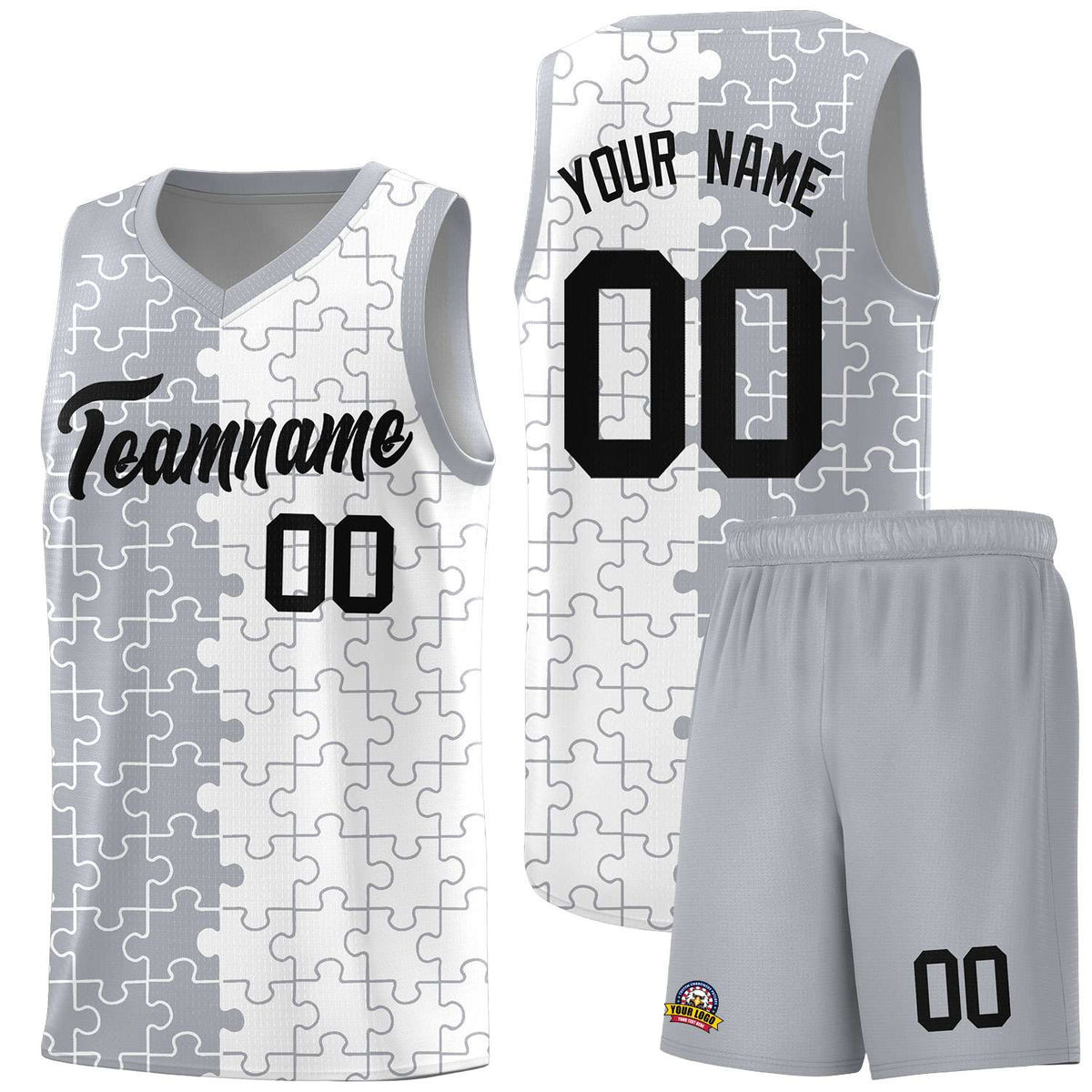 Custom Youth Basketball Jersey Gray White Puzzle Pattern Personalized Team Uniform