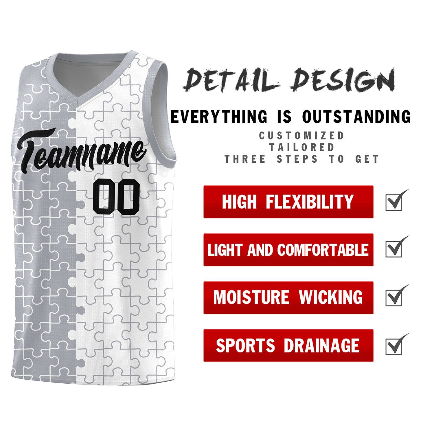 Custom Youth Basketball Jersey Gray White Puzzle Pattern Personalized Team Uniform