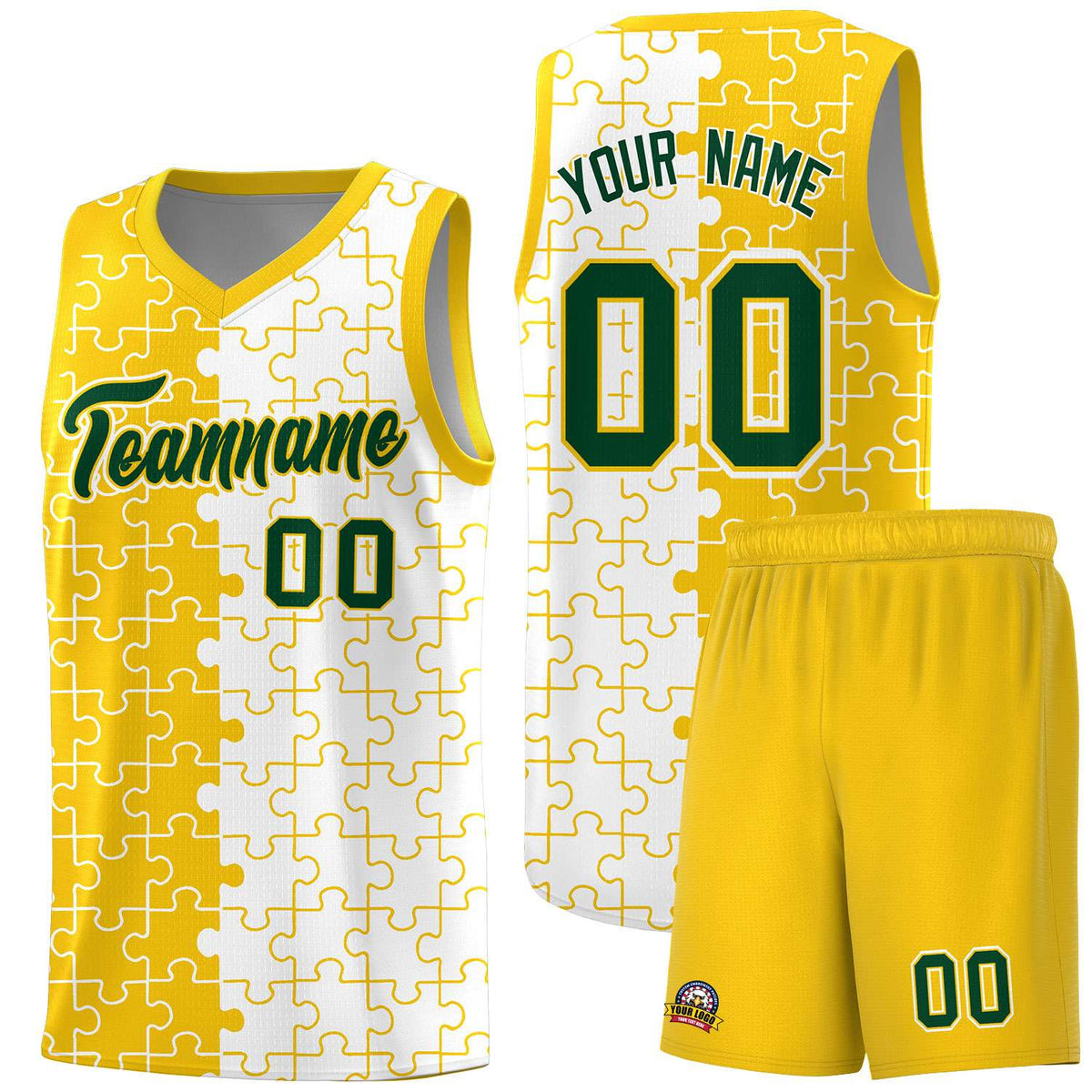 Custom Youth Basketball Jersey Gold White Puzzle Pattern Add Name, Number &amp; Team Logo