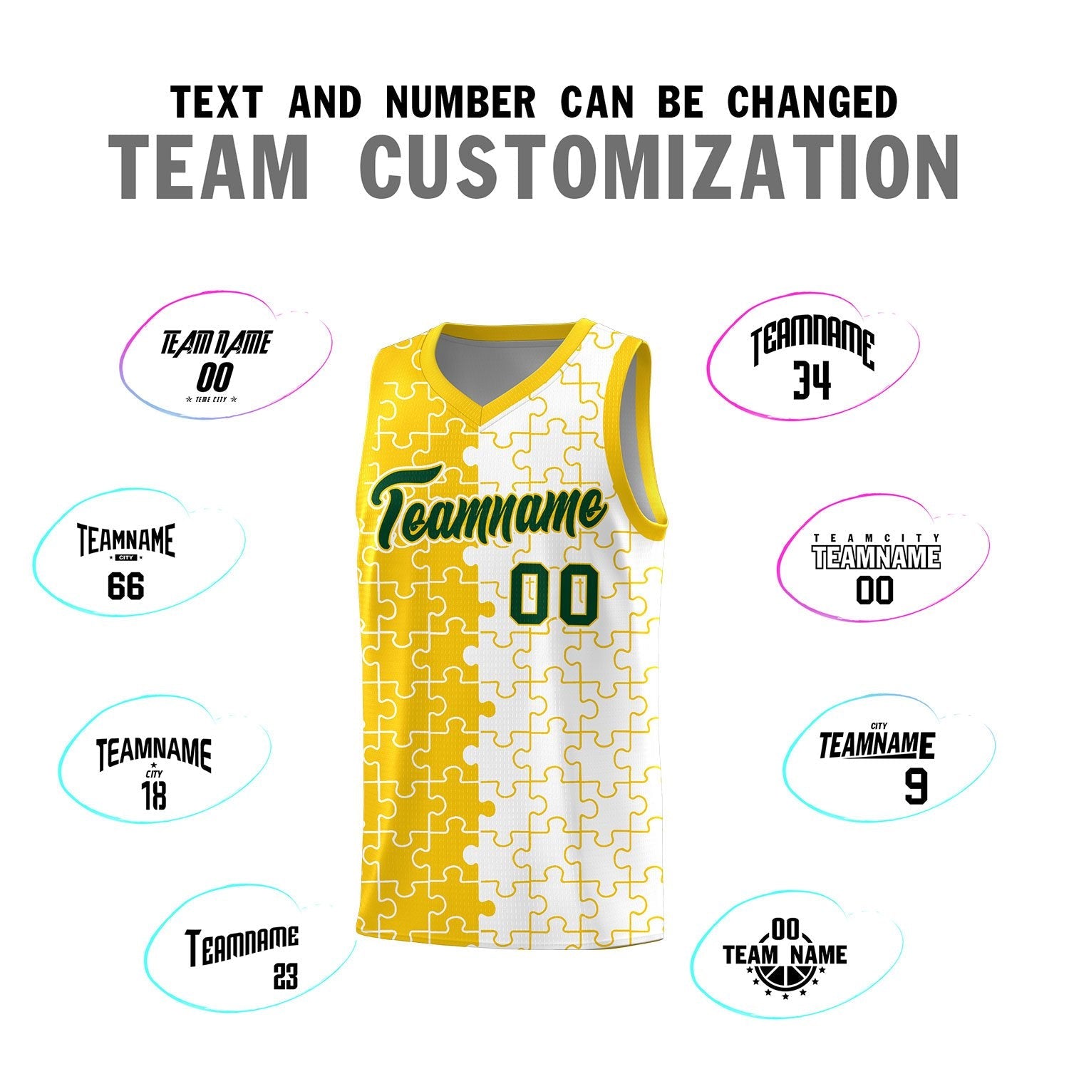Custom Youth Basketball Jersey Gold White Puzzle Pattern Add Name, Number & Team Logo
