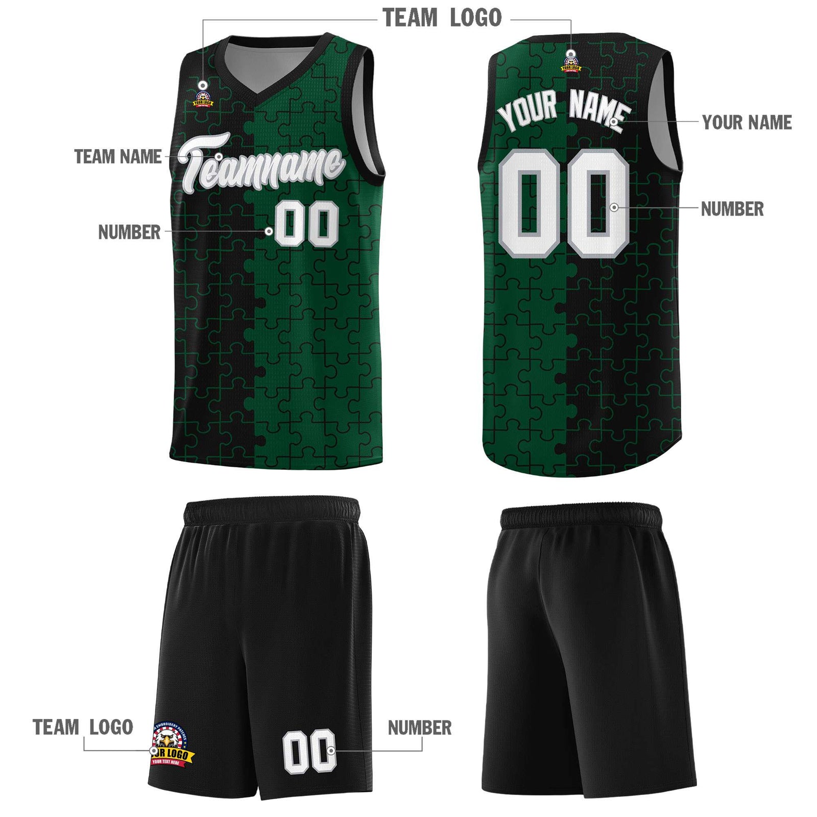 Custom Youth Basketball Jersey Black Green Puzzle Pattern Breathable Team Uniform