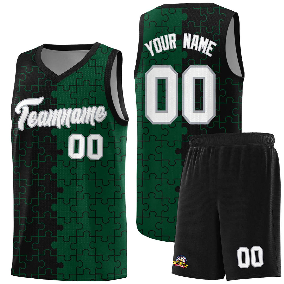 Custom Youth Basketball Jersey Black Green Puzzle Pattern Breathable Team Uniform