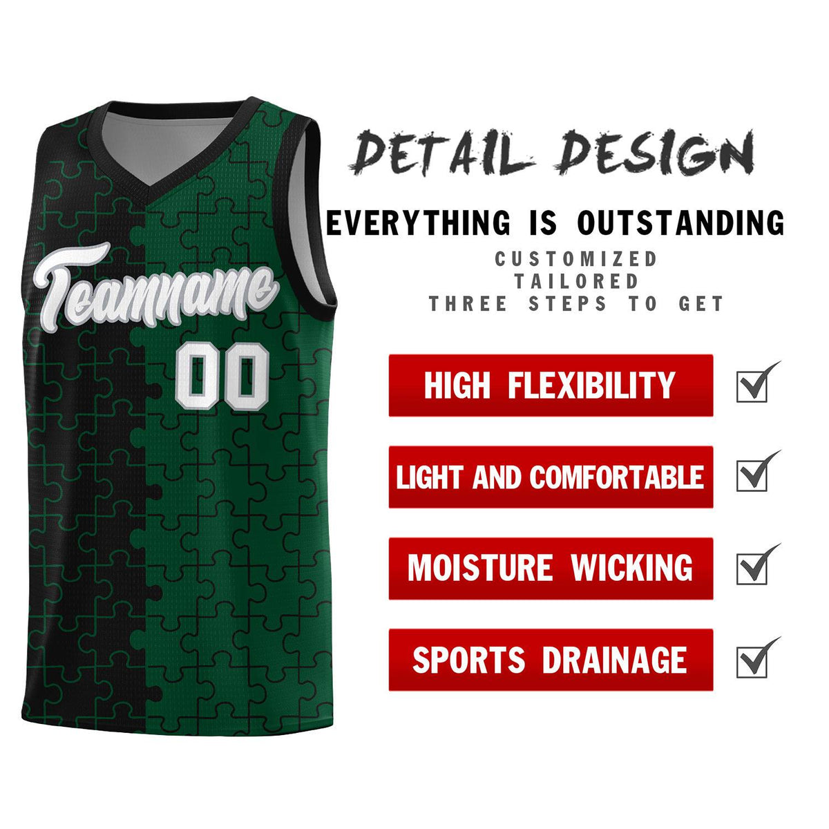 Custom Youth Basketball Jersey Black Green Puzzle Pattern Breathable Team Uniform