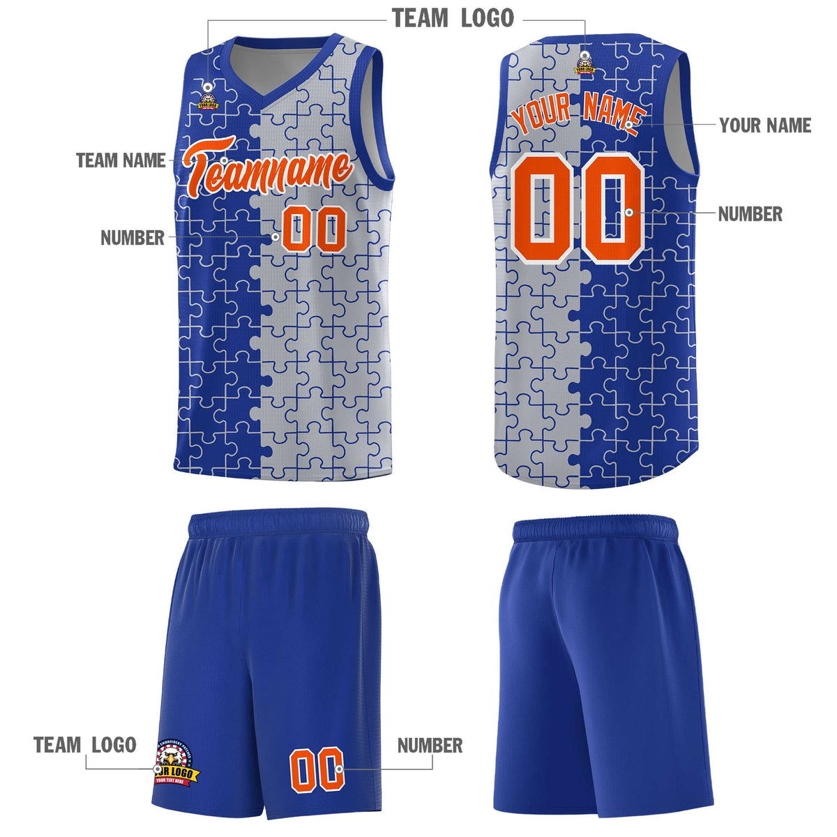 Custom Youth Basketball Jersey Royal Blue Gray Puzzle Pattern Moisture-Wicking Team Uniform