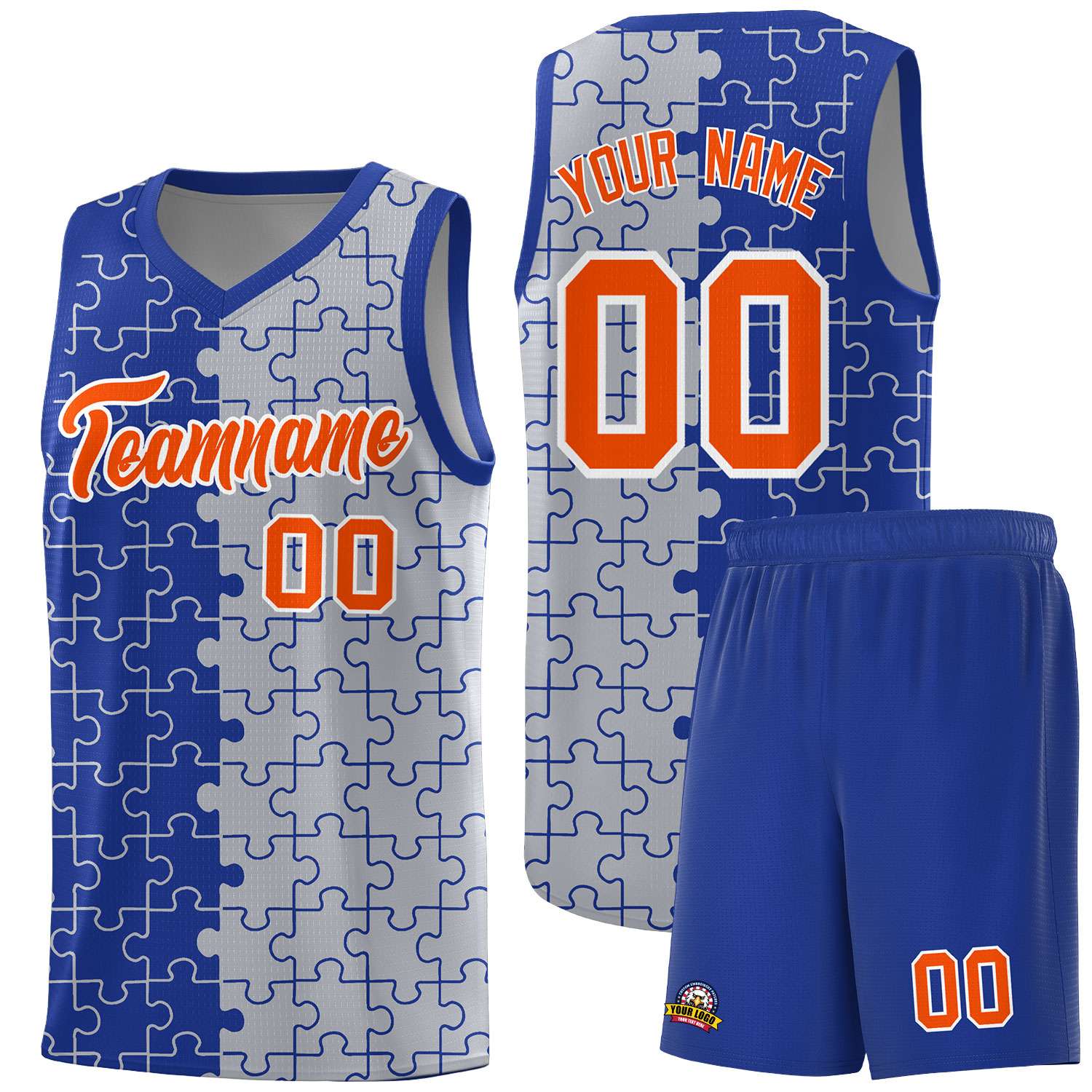 Custom Youth Basketball Jersey Royal Blue Gray Puzzle Pattern Moisture-Wicking Team Uniform