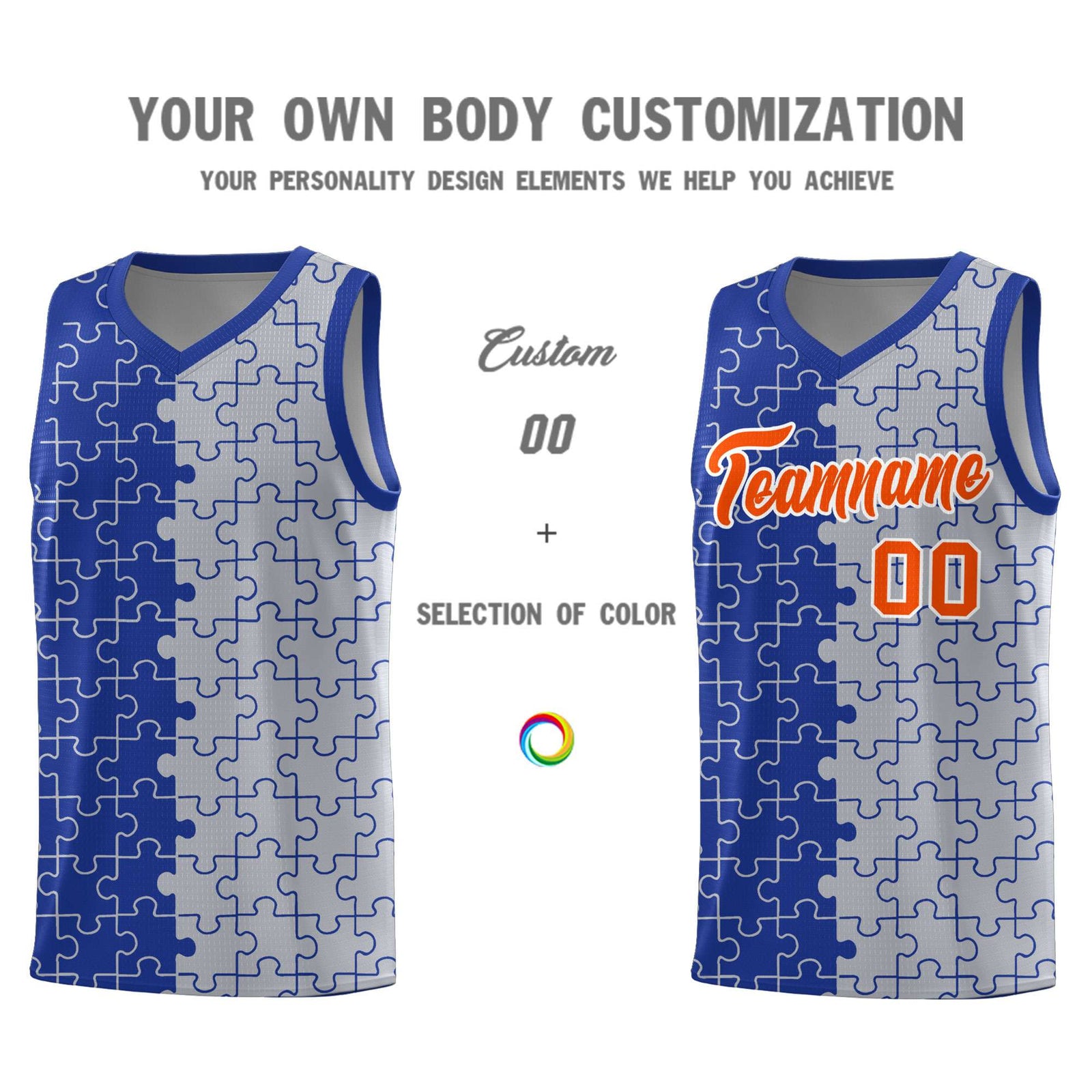 Custom Youth Basketball Jersey Royal Blue Gray Puzzle Pattern Moisture-Wicking Team Uniform