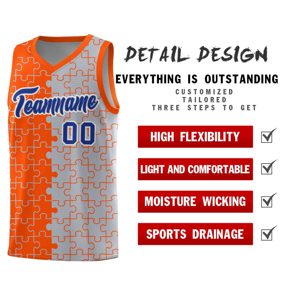 Custom Youth Basketball Jersey Orange Gray Puzzle Pattern Personalized Team Uniform